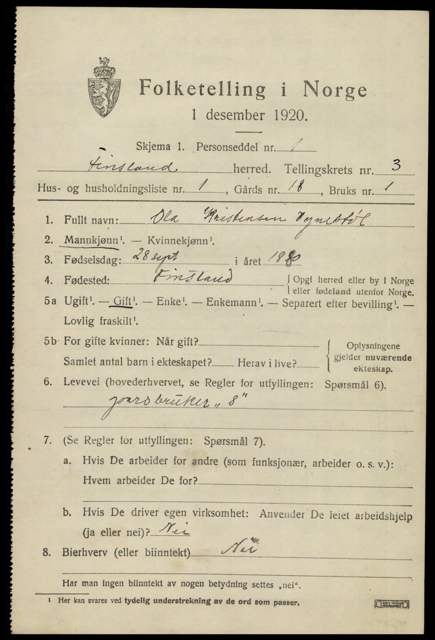 SAK, Folketelling 1920 for 1023 Finsland herred, 1920, s. 1182