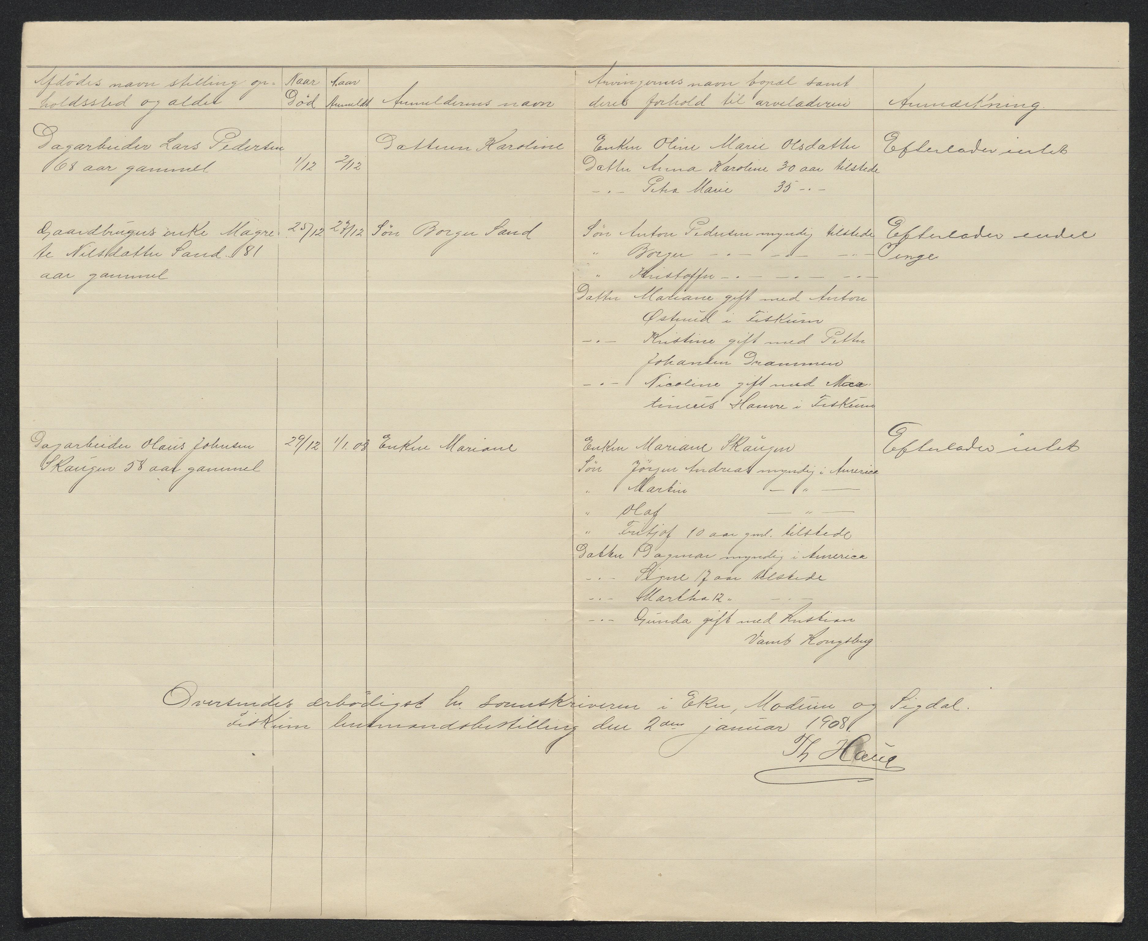 Eiker, Modum og Sigdal sorenskriveri, AV/SAKO-A-123/H/Ha/Hab/L0032: Dødsfallsmeldinger, 1907-1908, s. 242