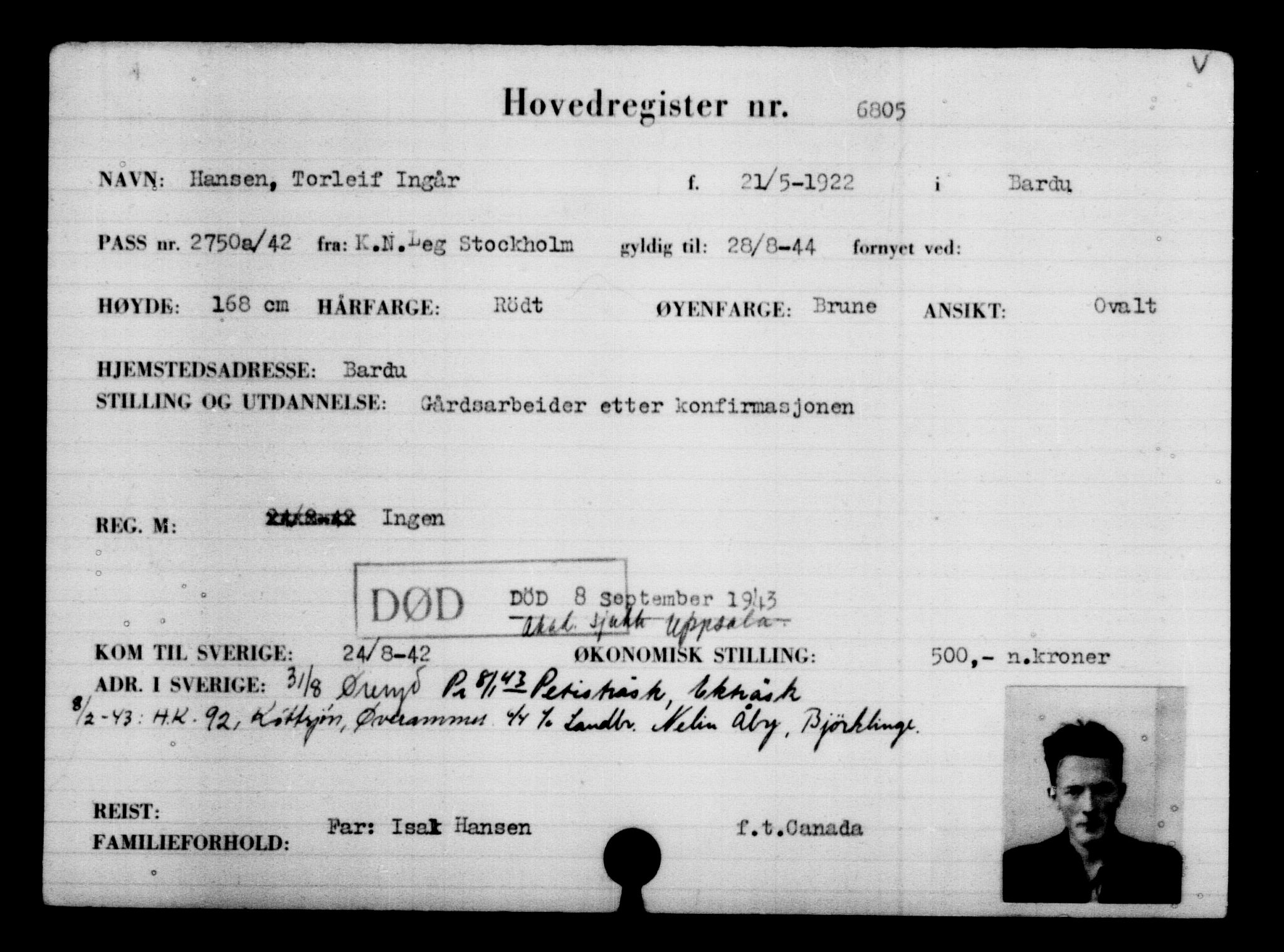 Utenriksstasjonene, Legasjonen i Stockholm, Flyktningkontoret, AV/RA-S-6753/V/Va/L0005: Kjesäterkartoteket, flyktninger med registreringsnr. 6600-9417, 1940-1945, s. 249
