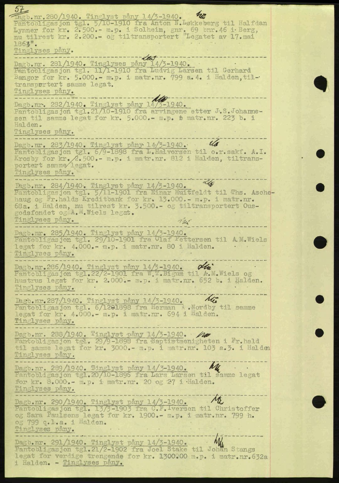 Idd og Marker sorenskriveri, AV/SAO-A-10283/G/Gb/Gbc/L0002: Pantebok nr. B4-9a, 1939-1945, Dagboknr: 280/1940