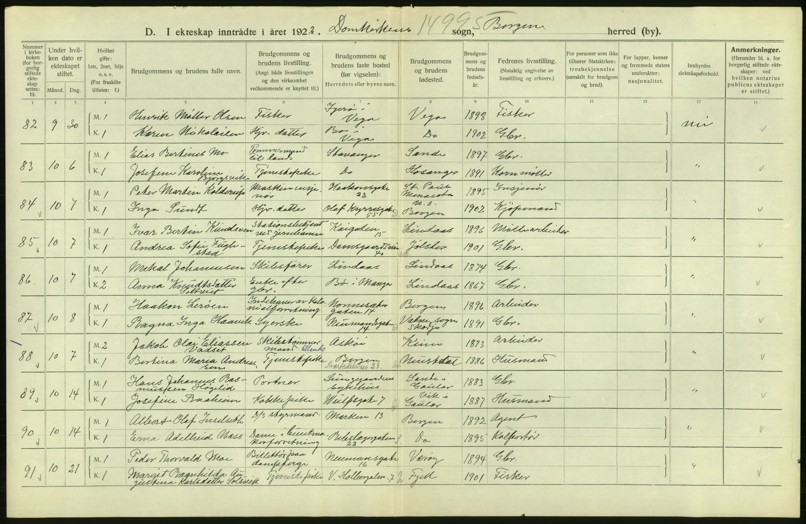 Statistisk sentralbyrå, Sosiodemografiske emner, Befolkning, AV/RA-S-2228/D/Df/Dfc/Dfcb/L0030: Bergen: Gifte, døde, dødfødte., 1922, s. 262