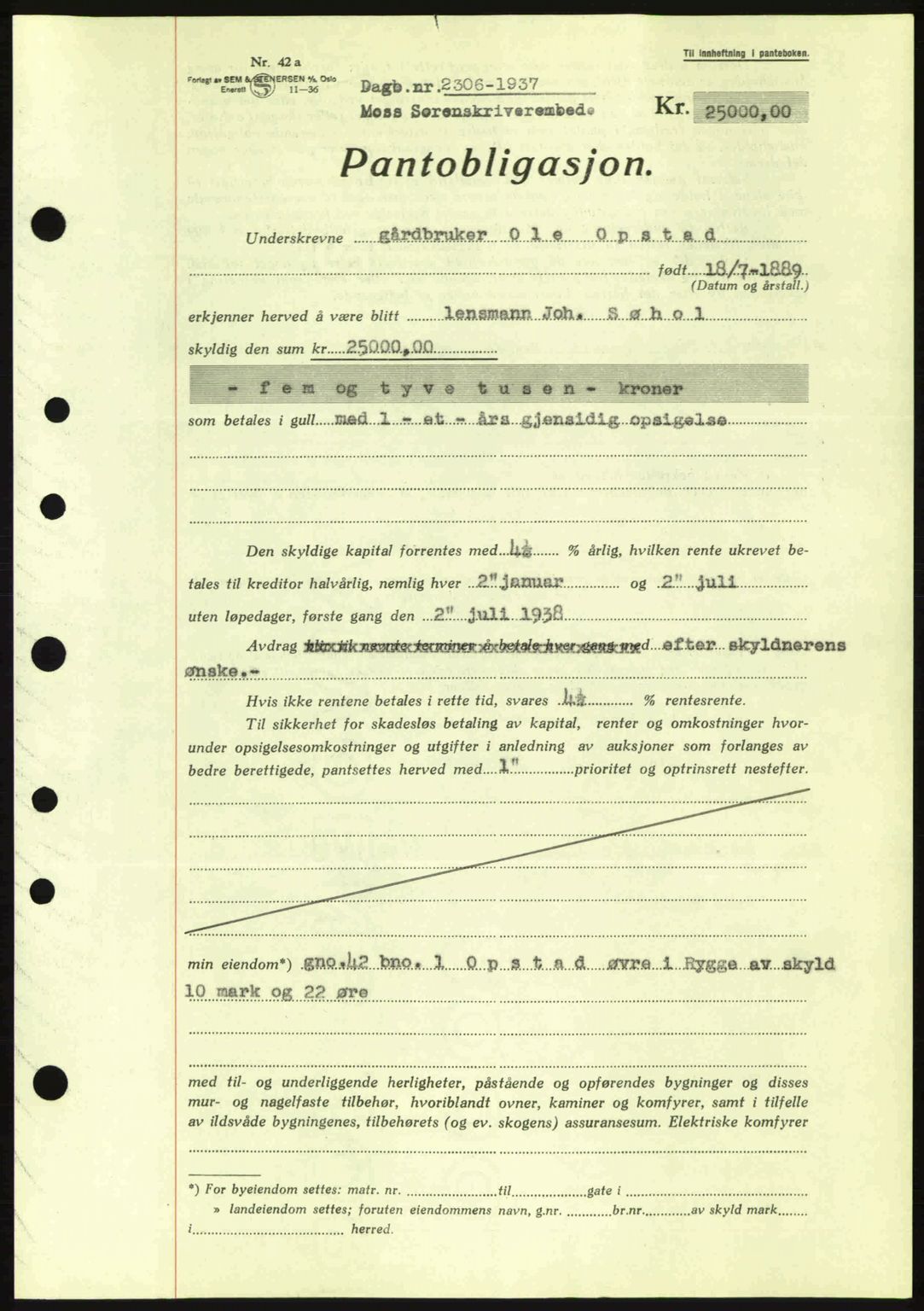 Moss sorenskriveri, SAO/A-10168: Pantebok nr. B4, 1937-1938, Dagboknr: 2306/1937