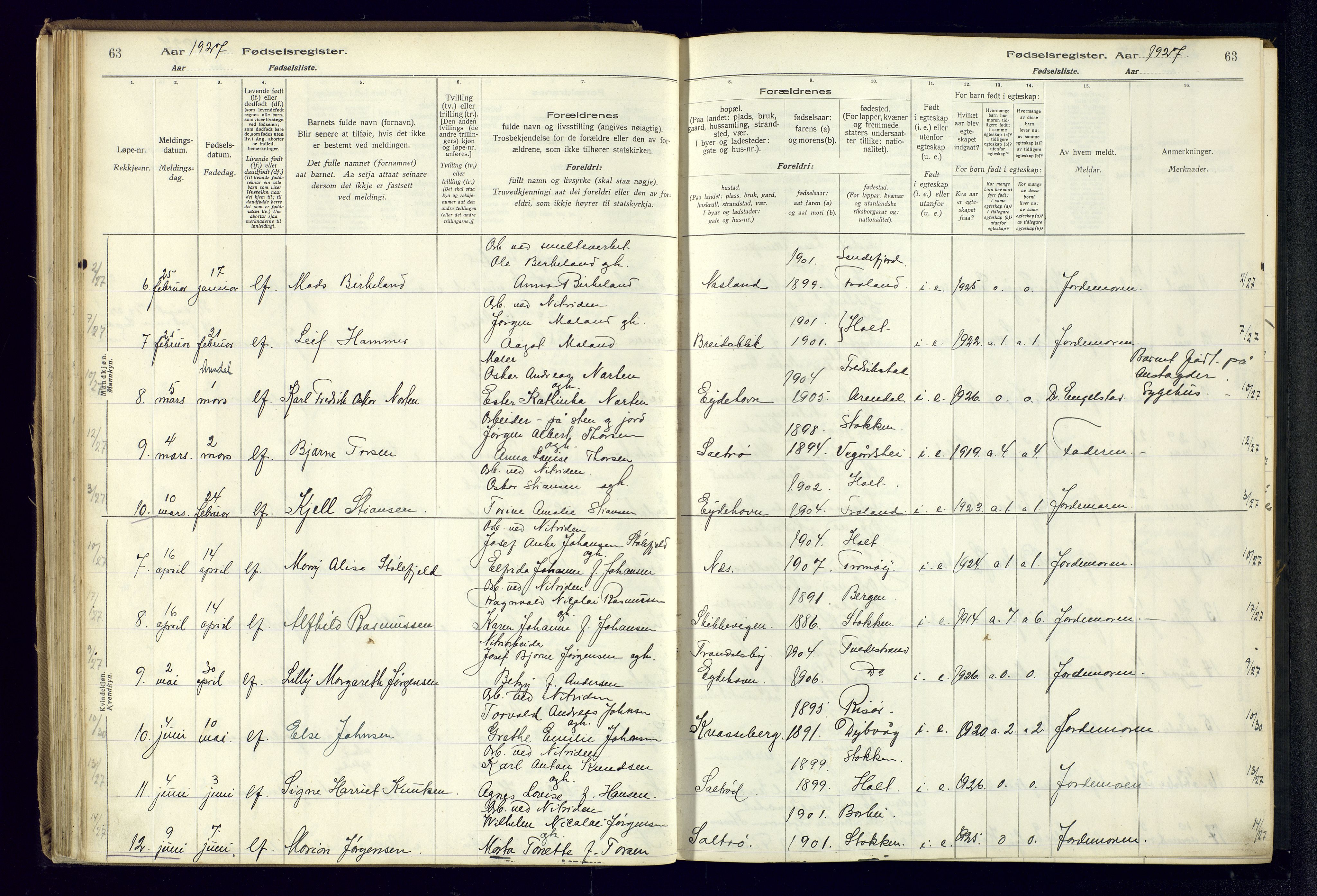 Austre Moland sokneprestkontor, AV/SAK-1111-0001/J/Ja/L0003: Fødselsregister nr. A-VI-27, 1916-1950, s. 63