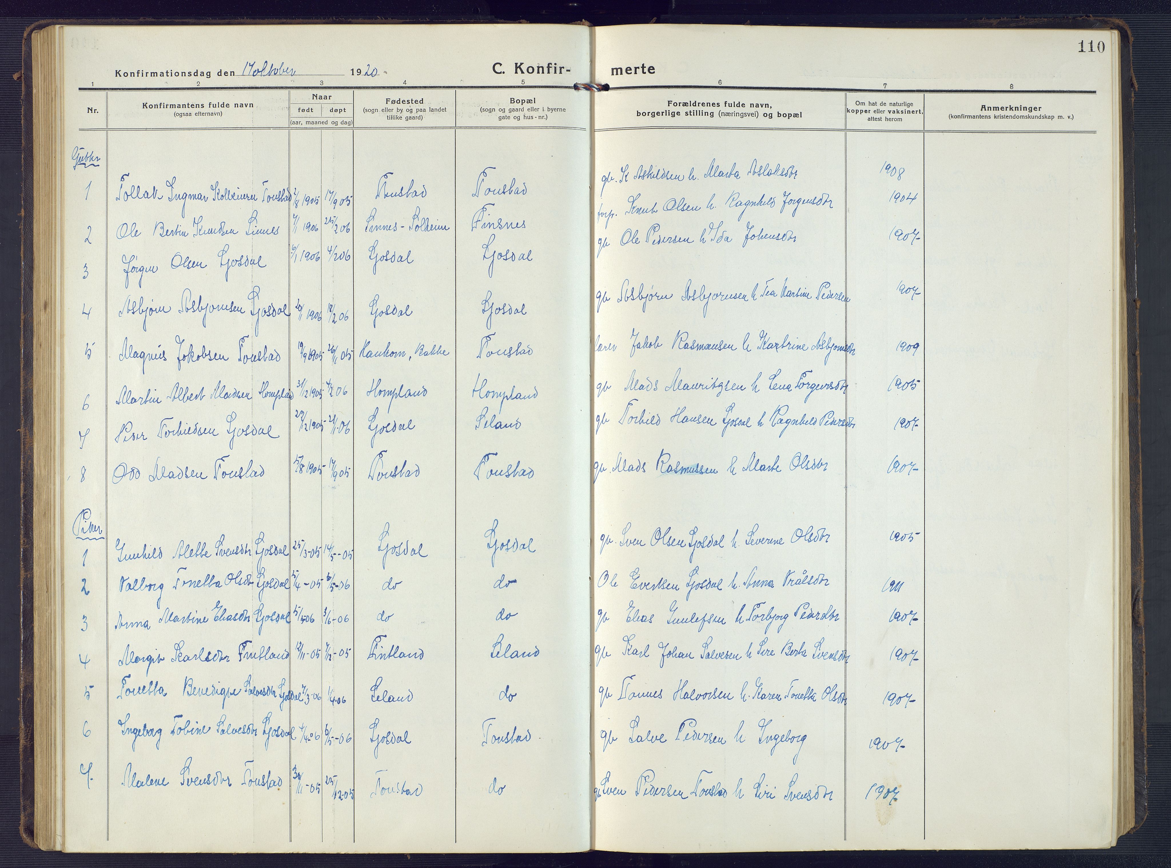 Sirdal sokneprestkontor, AV/SAK-1111-0036/F/Fb/Fbb/L0005: Klokkerbok nr. B 5, 1916-1960, s. 110