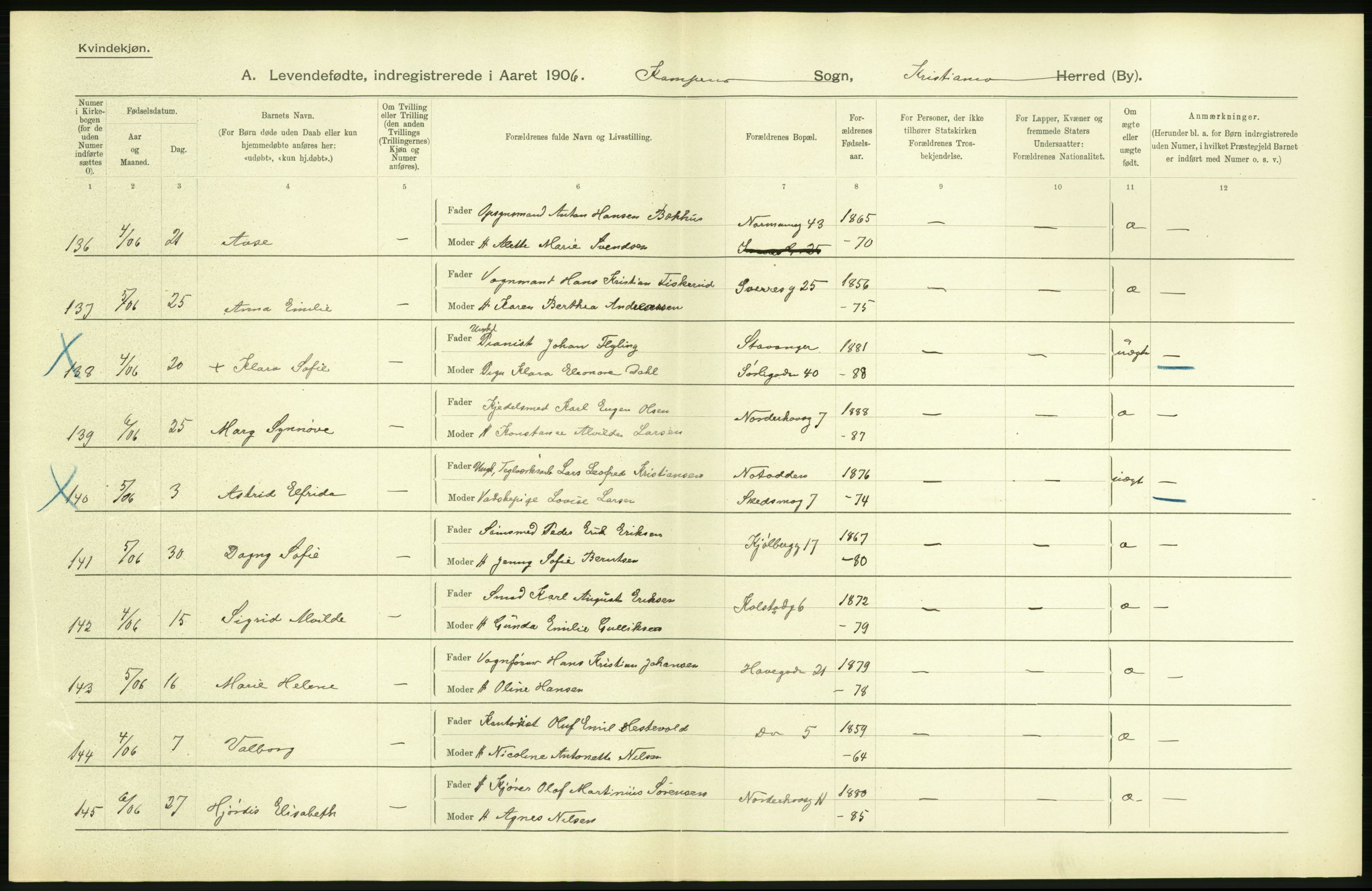 Statistisk sentralbyrå, Sosiodemografiske emner, Befolkning, AV/RA-S-2228/D/Df/Dfa/Dfad/L0007: Kristiania: Levendefødte menn og kvinner., 1906, s. 784