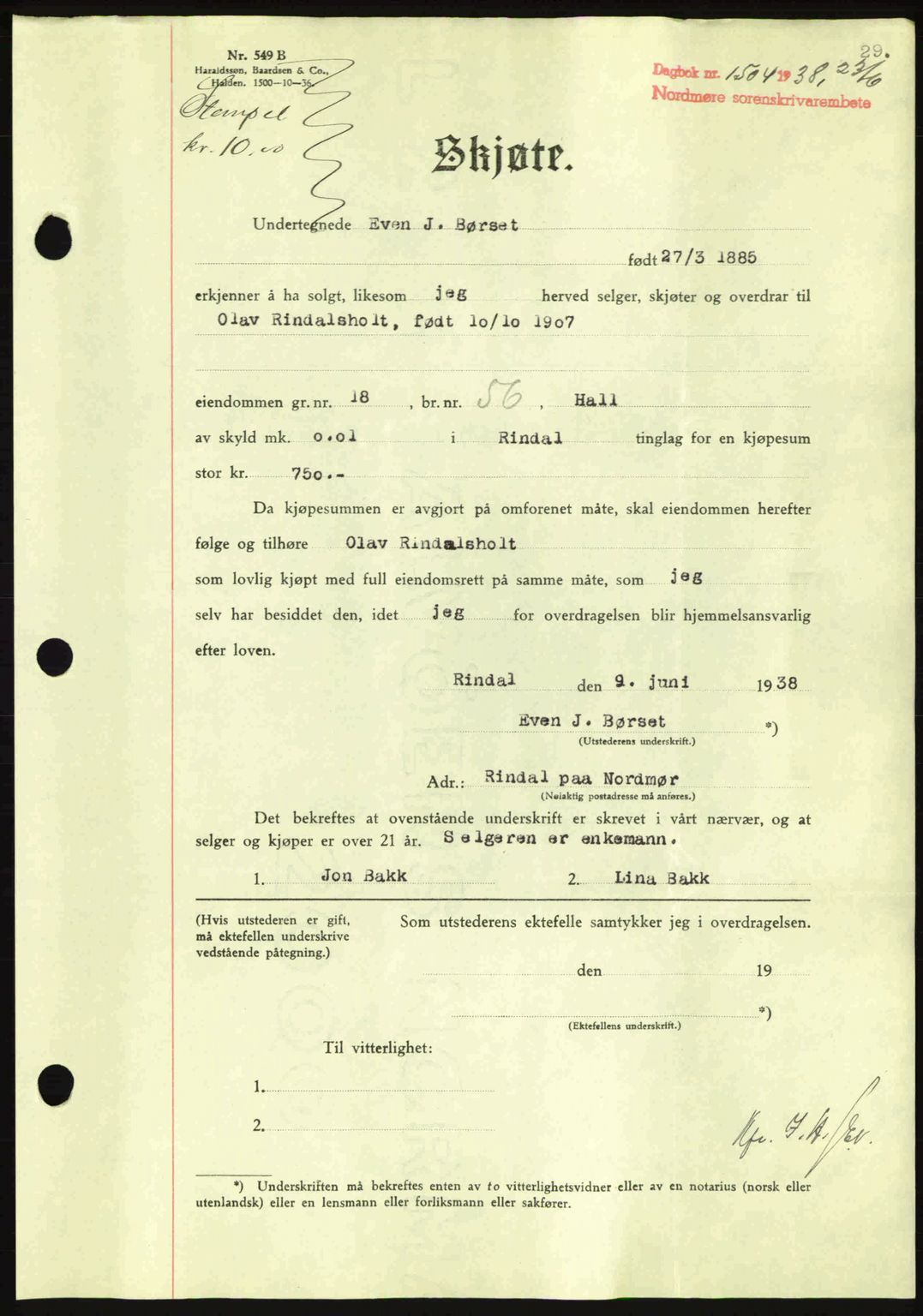 Nordmøre sorenskriveri, SAT/A-4132/1/2/2Ca: Pantebok nr. A84, 1938-1938, Dagboknr: 1504/1938