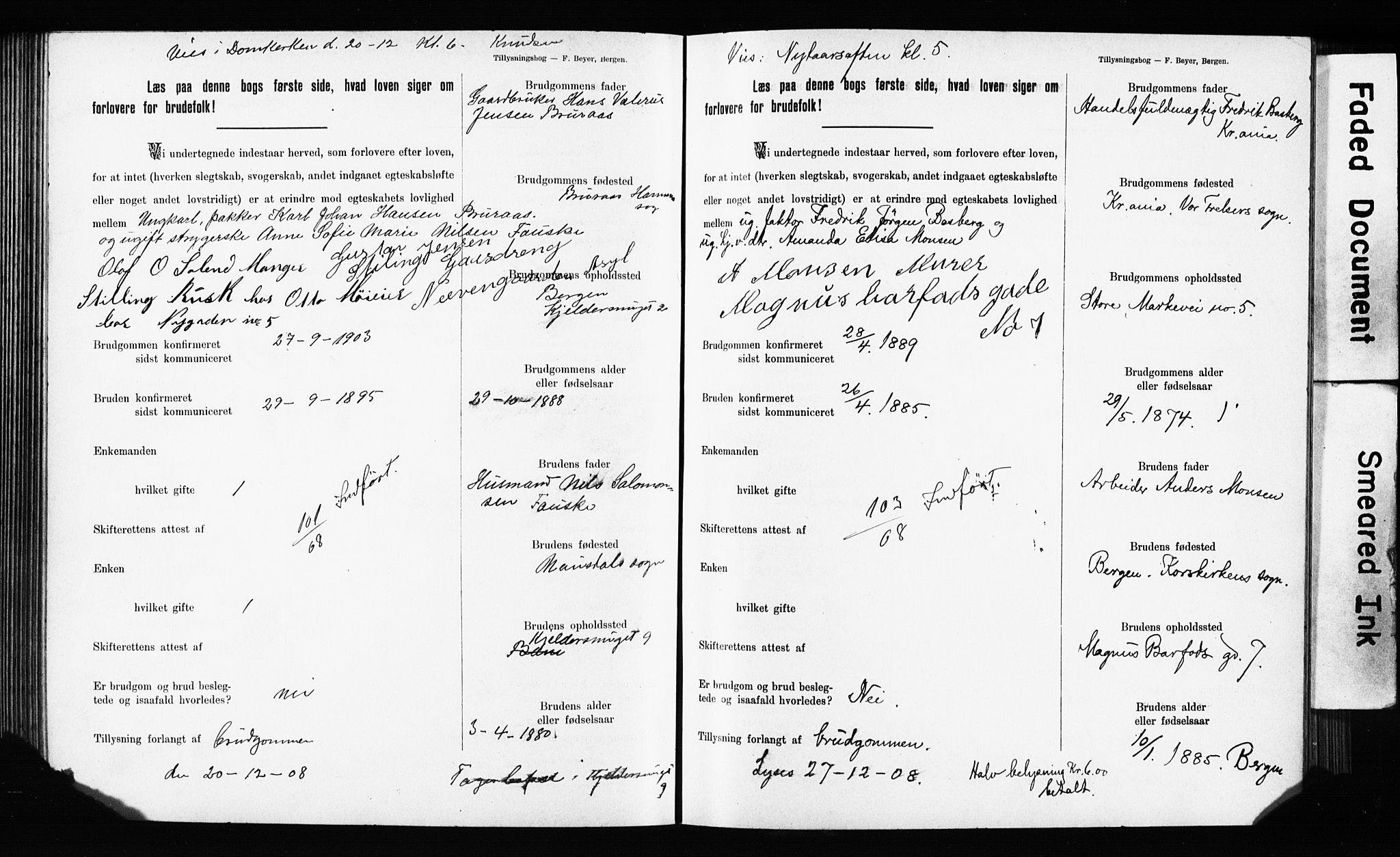 Domkirken sokneprestembete, SAB/A-74801: Forlovererklæringer nr. II.5.11, 1899-1910, s. 307