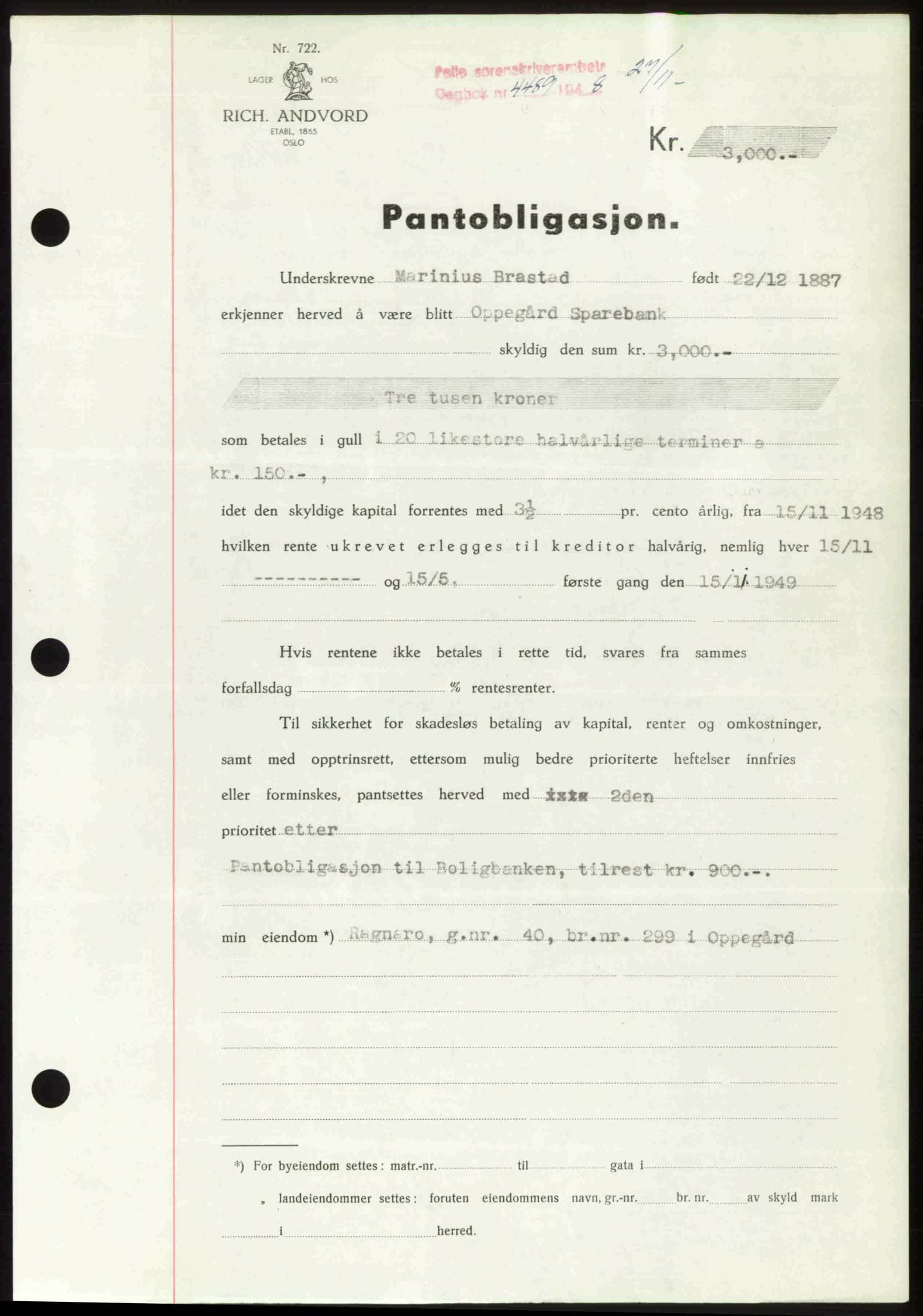 Follo sorenskriveri, SAO/A-10274/G/Ga/Gaa/L0085: Pantebok nr. I 85, 1948-1948, Dagboknr: 4489/1948