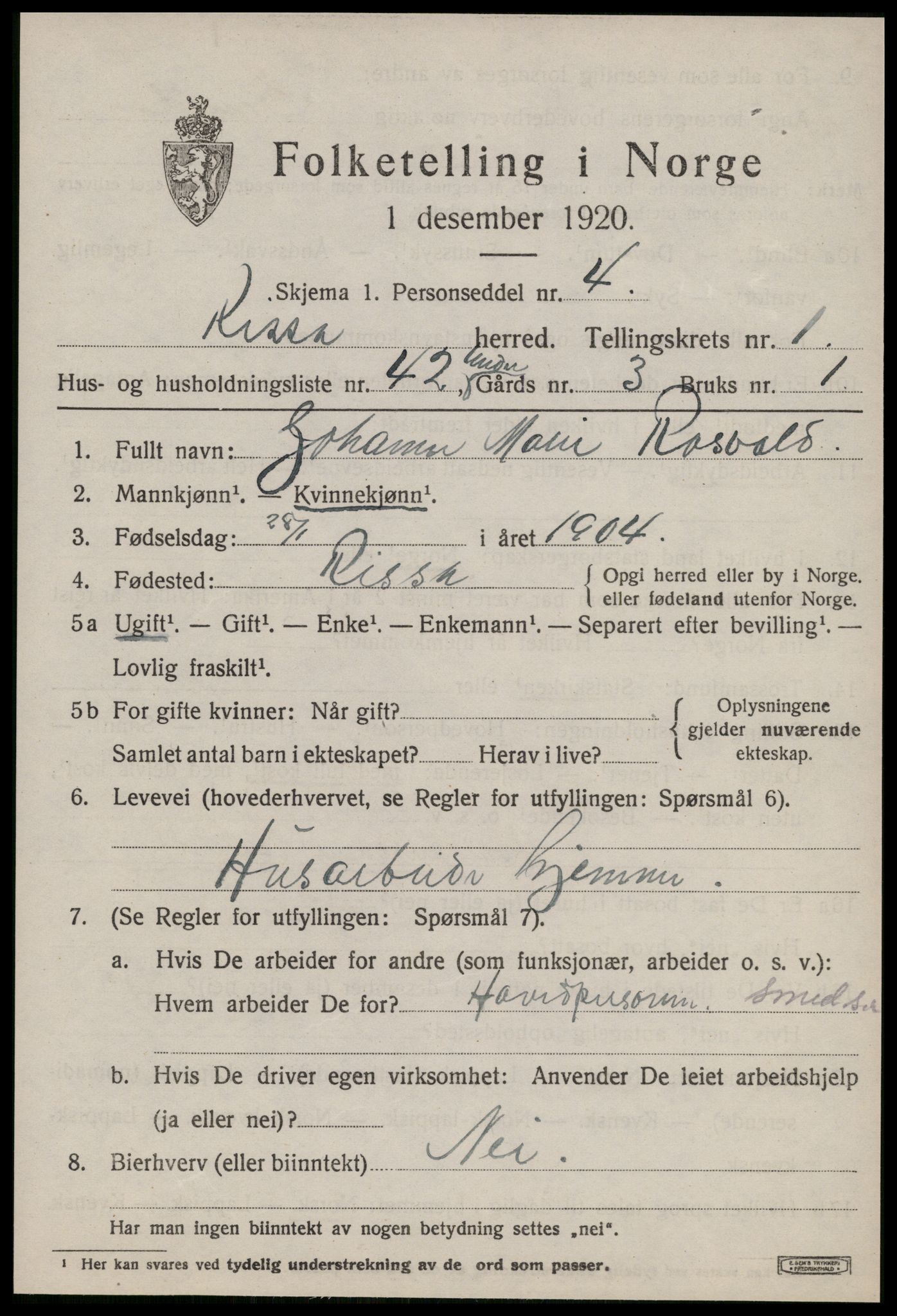SAT, Folketelling 1920 for 1624 Rissa herred, 1920, s. 1607