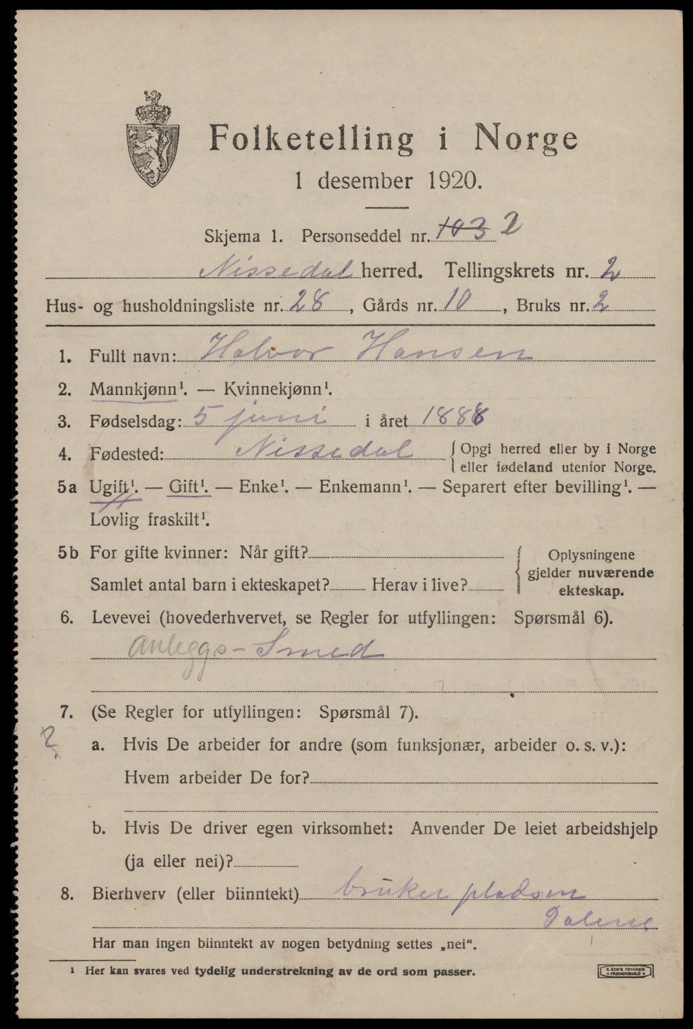 SAKO, Folketelling 1920 for 0830 Nissedal herred, 1920, s. 1491