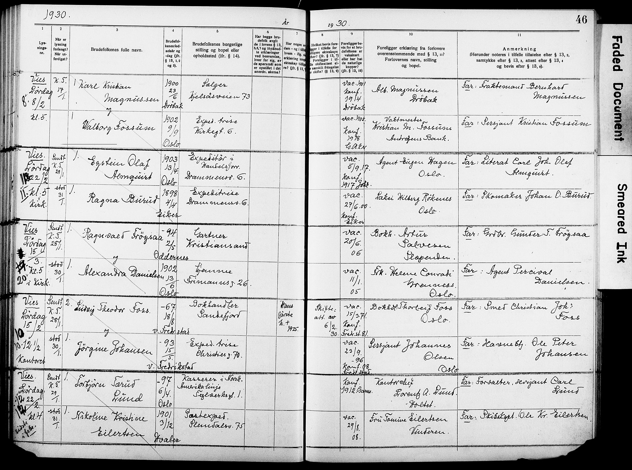 Garnisonsmenigheten Kirkebøker, SAO/A-10846/H/Ha/L0010: Lysningsprotokoll nr. I 10, 1922-1932, s. 46