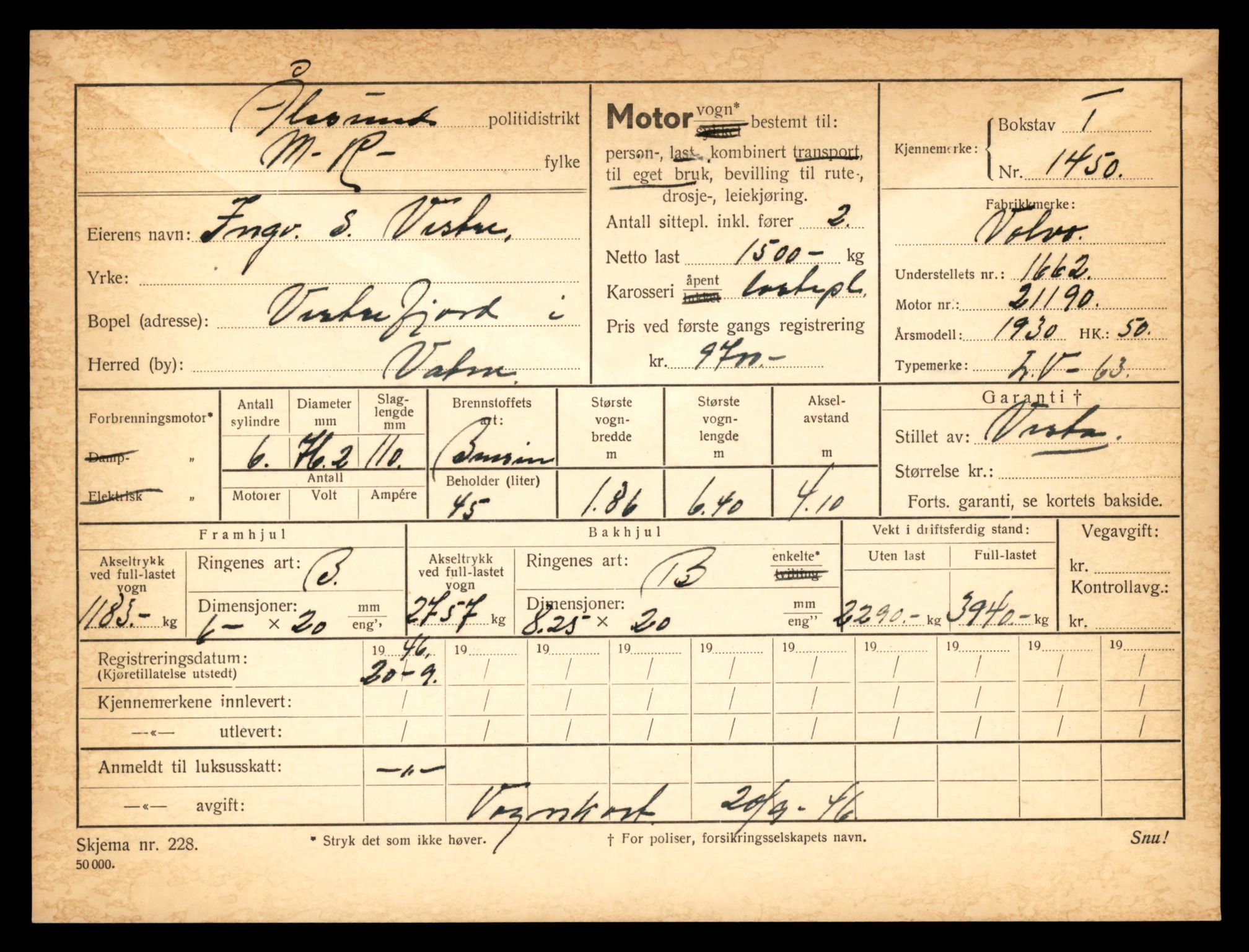 Møre og Romsdal vegkontor - Ålesund trafikkstasjon, AV/SAT-A-4099/F/Fe/L0012: Registreringskort for kjøretøy T 1290 - T 1450, 1927-1998, s. 3340