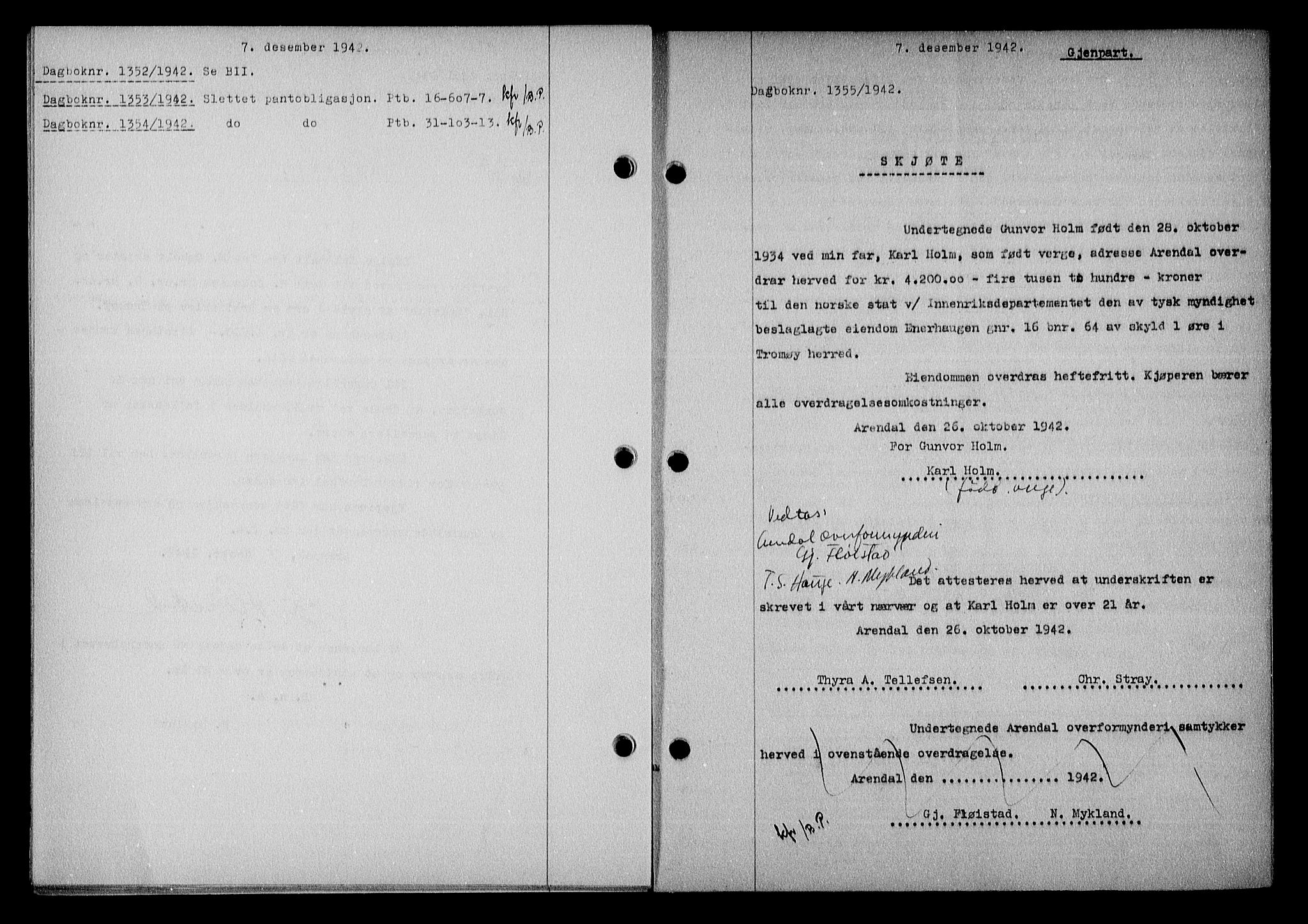 Nedenes sorenskriveri, AV/SAK-1221-0006/G/Gb/Gba/L0050: Pantebok nr. A-IV, 1942-1943, Dagboknr: 1355/1942