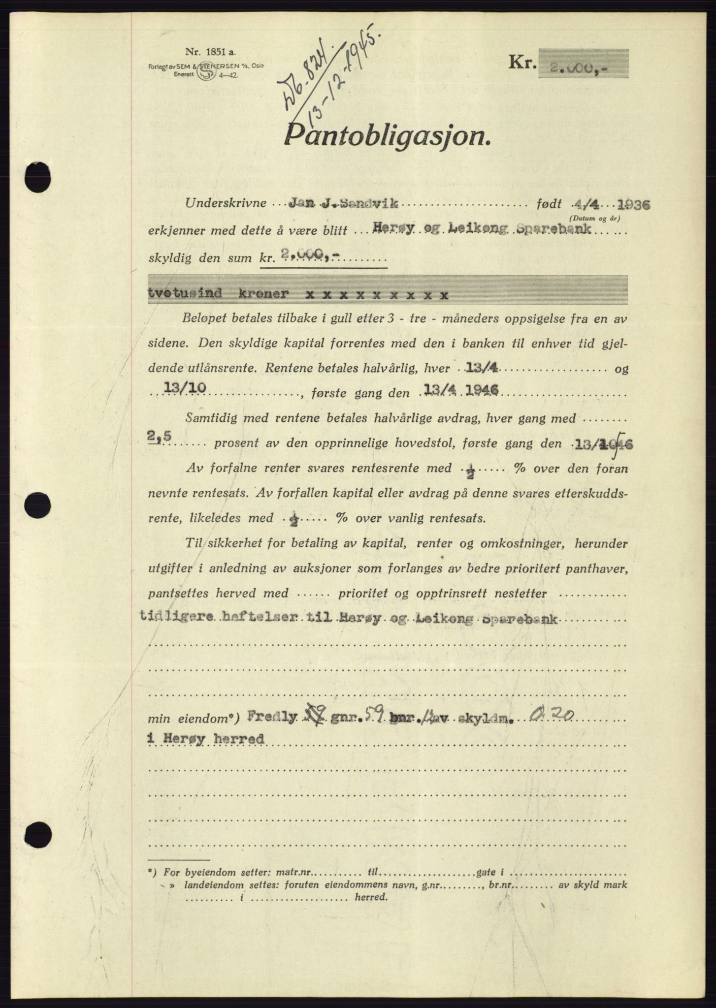 Søre Sunnmøre sorenskriveri, AV/SAT-A-4122/1/2/2C/L0114: Pantebok nr. 1-2B, 1943-1947, Dagboknr: 824/1945