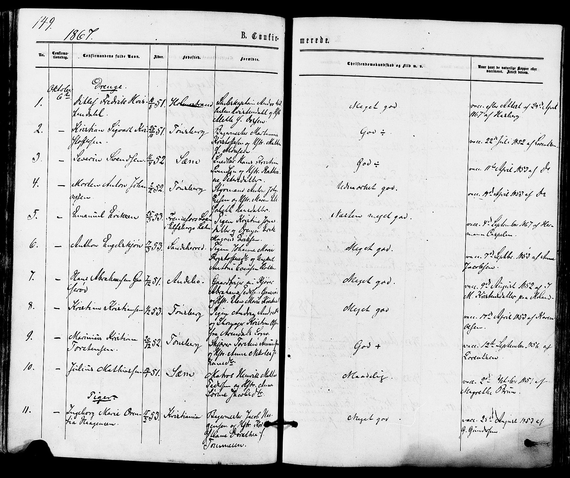 Tønsberg kirkebøker, AV/SAKO-A-330/F/Fa/L0009: Ministerialbok nr. I 9, 1865-1873, s. 149