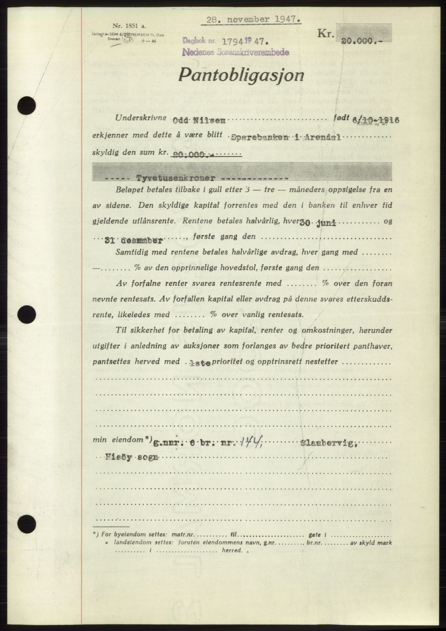Nedenes sorenskriveri, SAK/1221-0006/G/Gb/Gbb/L0004: Pantebok nr. B4, 1947-1947, Dagboknr: 1794/1947