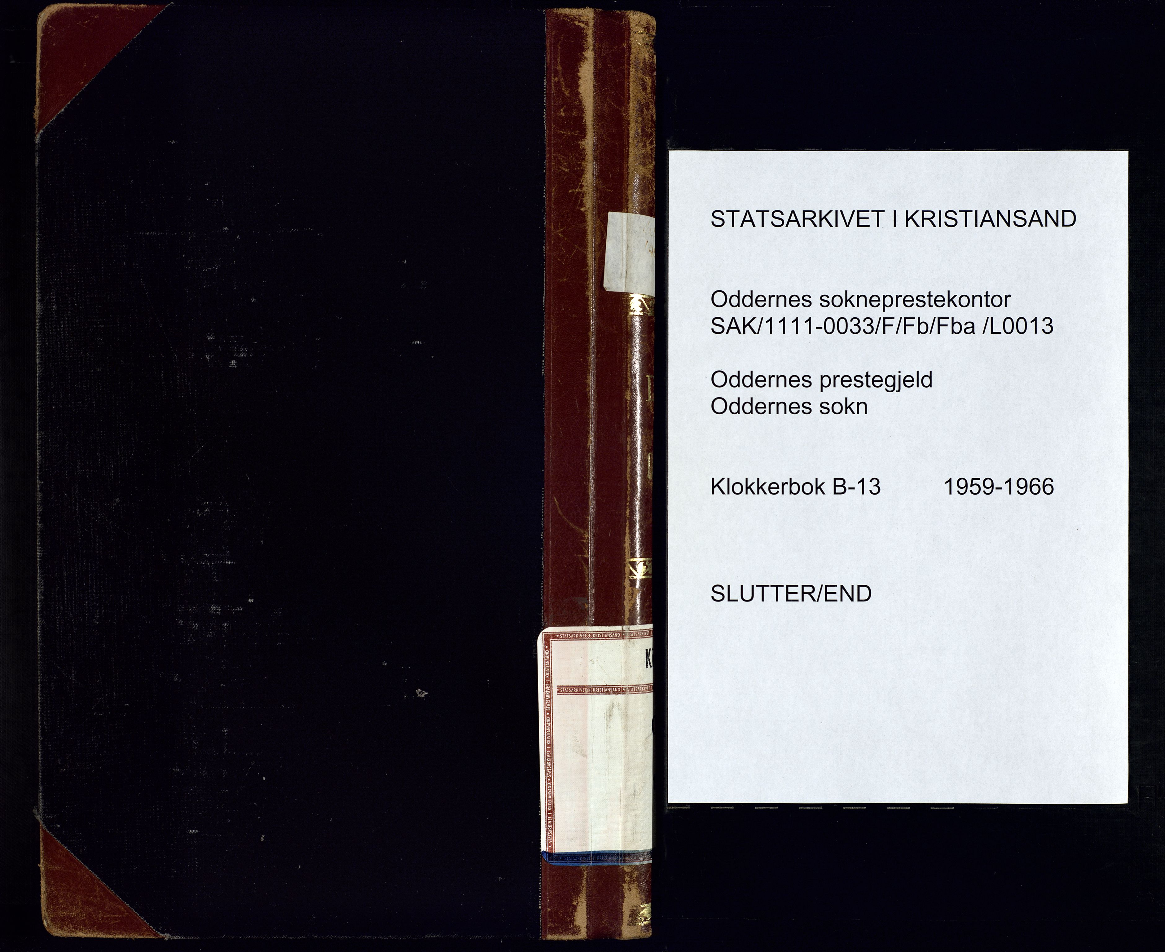 Oddernes sokneprestkontor, AV/SAK-1111-0033/F/Fb/Fba/L0013: Klokkerbok nr. B-13, 1959-1966