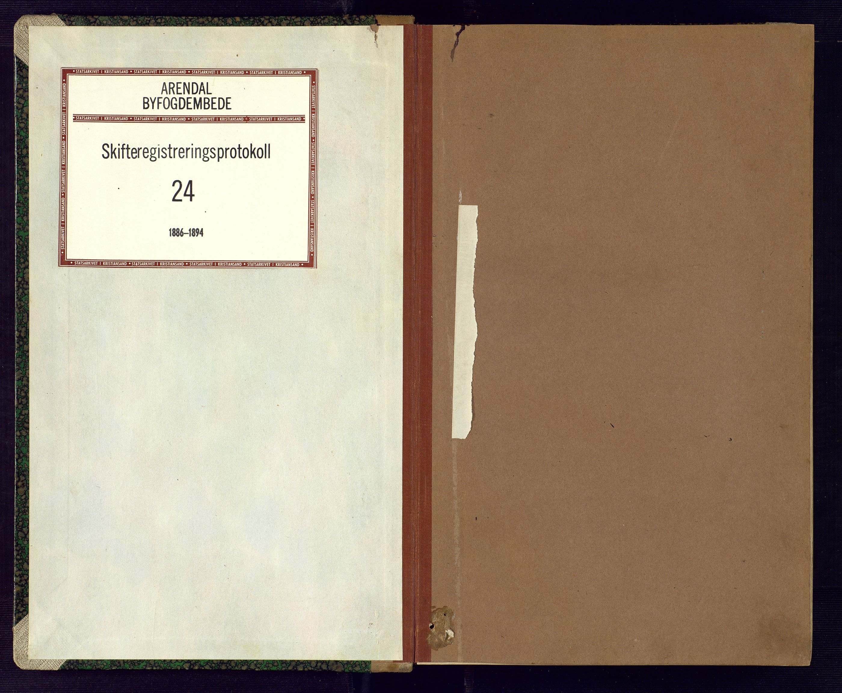 Arendal byfogd, SAK/1222-0001/H/Hc/L0026: Skifteregistreringsprotokoll nr. 24, 1886-1894
