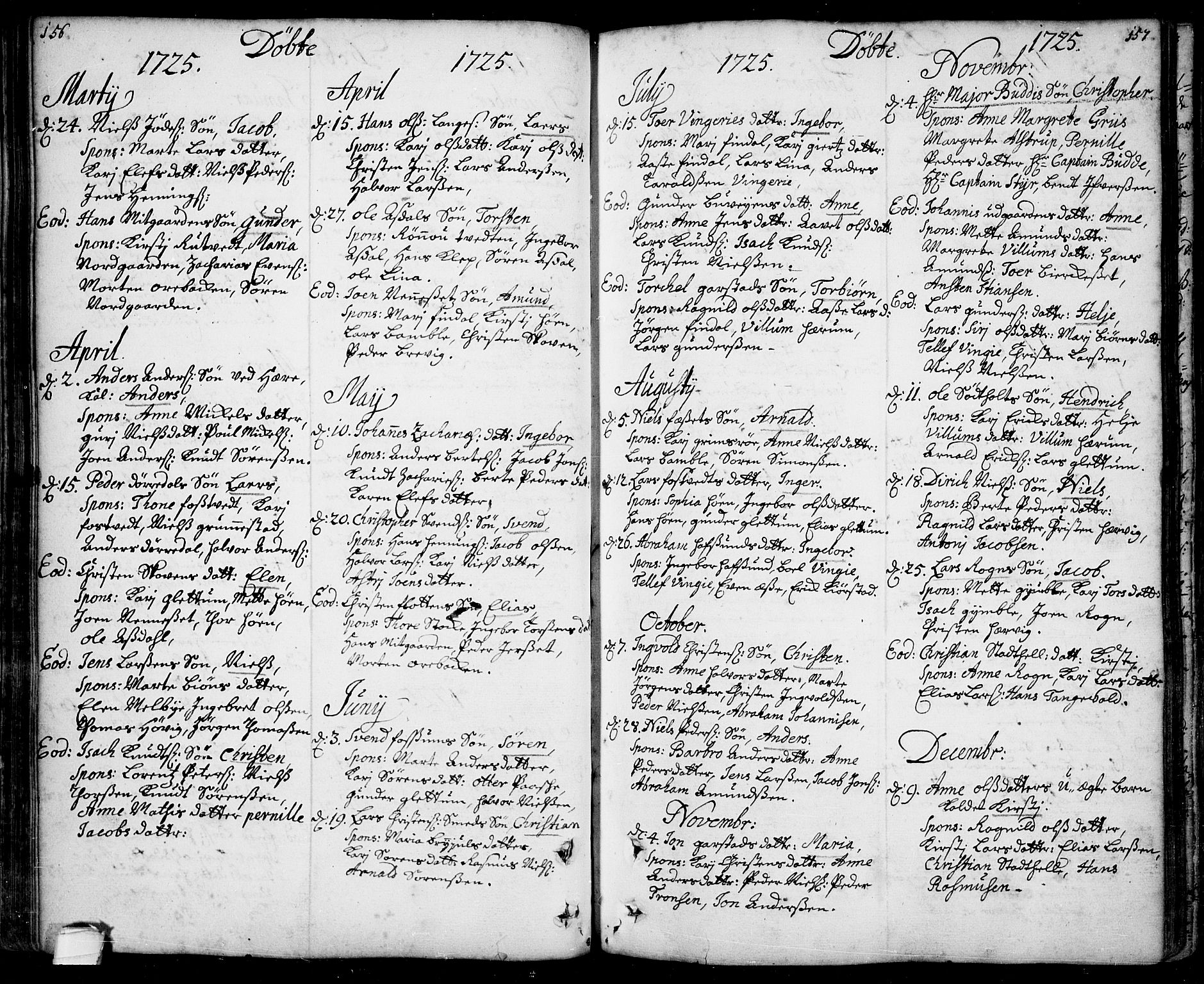 Bamble kirkebøker, AV/SAKO-A-253/F/Fa/L0001: Ministerialbok nr. I 1, 1702-1774, s. 156-157