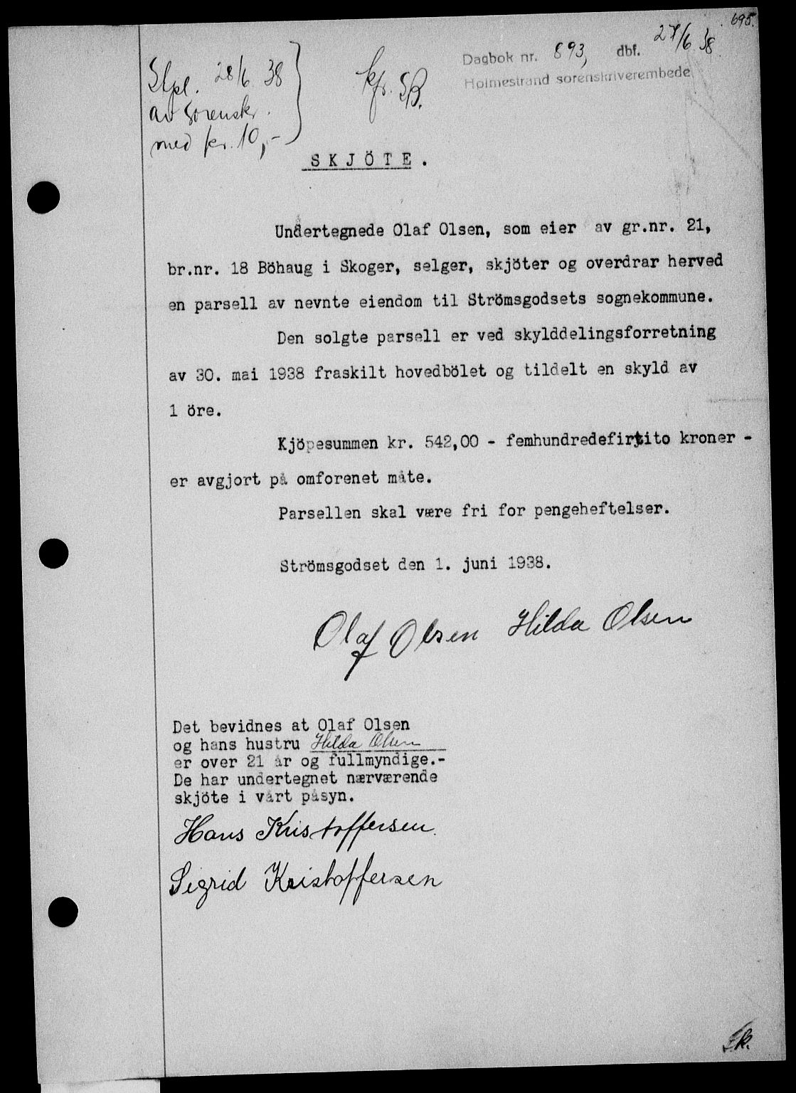 Holmestrand sorenskriveri, SAKO/A-67/G/Ga/Gaa/L0049: Pantebok nr. A-49, 1937-1938, Dagboknr: 893/1938