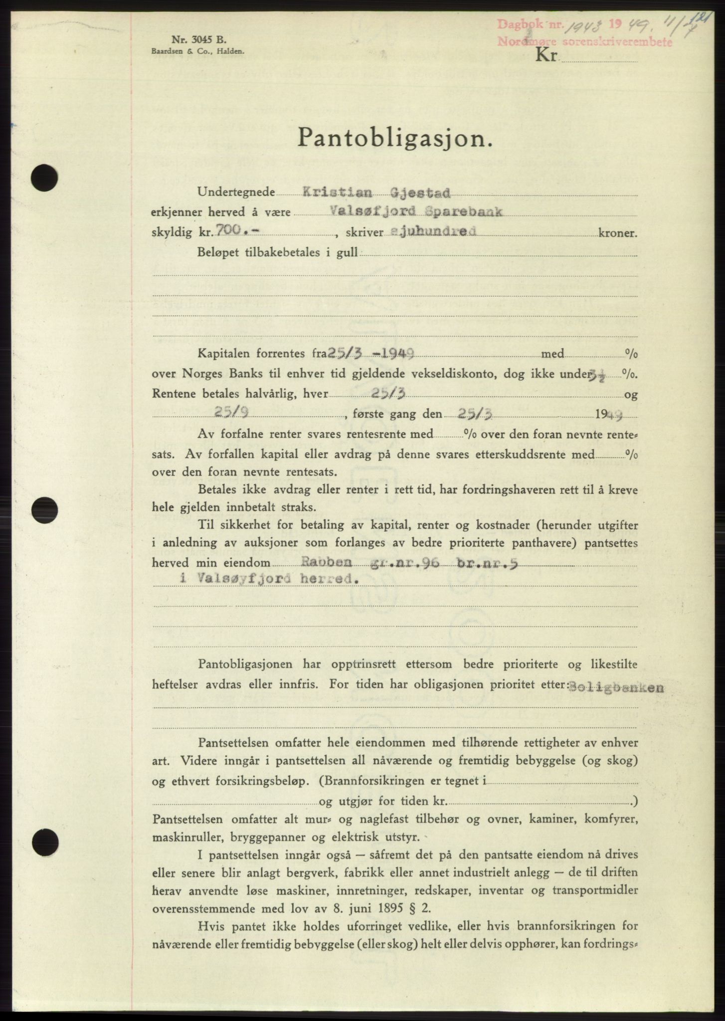 Nordmøre sorenskriveri, SAT/A-4132/1/2/2Ca: Pantebok nr. B102, 1949-1949, Dagboknr: 1943/1949