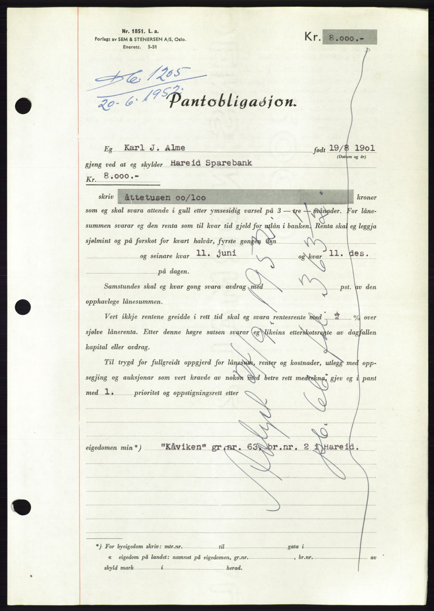 Søre Sunnmøre sorenskriveri, AV/SAT-A-4122/1/2/2C/L0121: Pantebok nr. 9B, 1951-1952, Dagboknr: 1205/1952