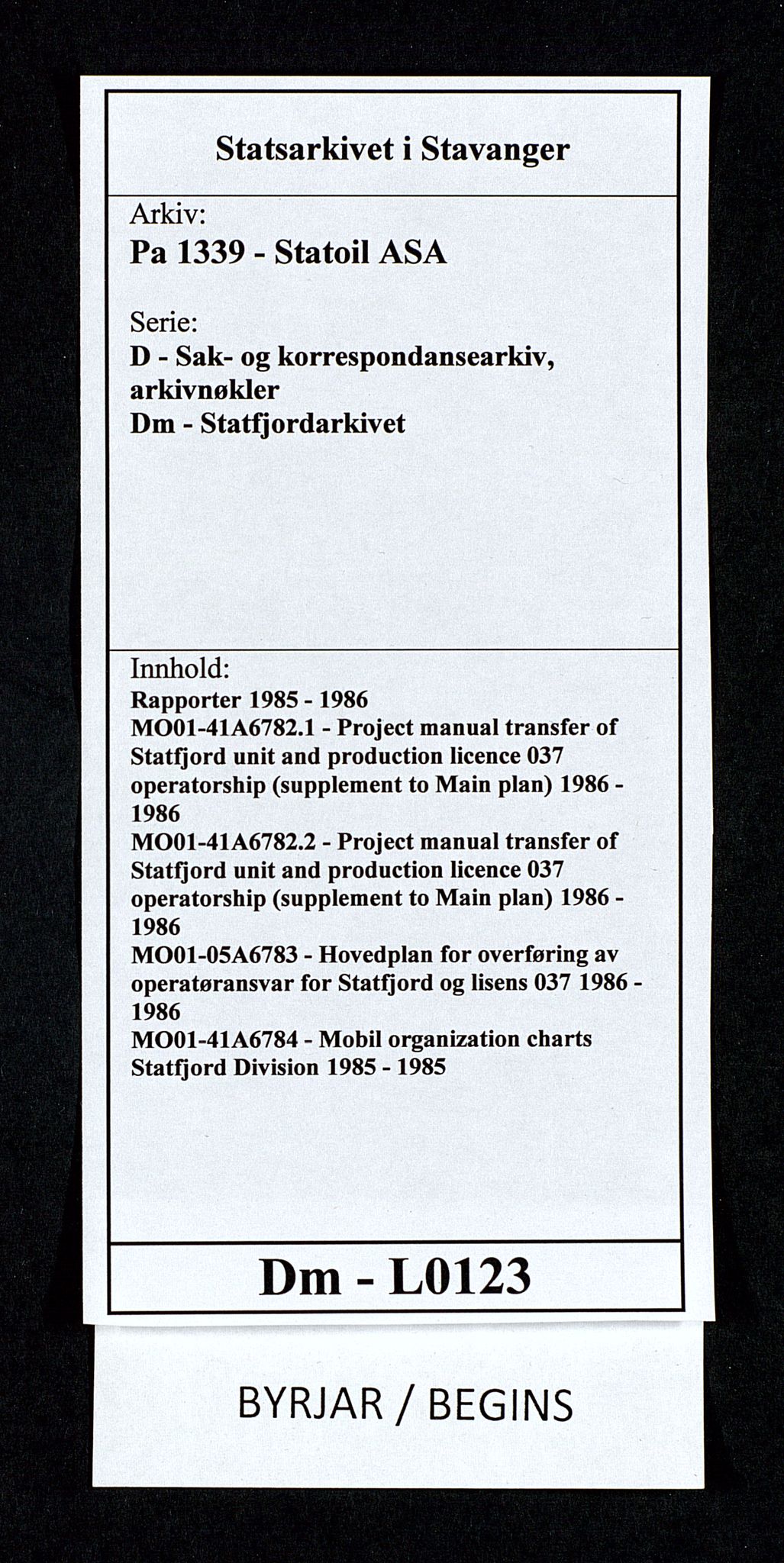 Pa 1339 - Statoil ASA, SAST/A-101656/0001/D/Dm/L0123: Rapporter, 1985-1988, s. 1