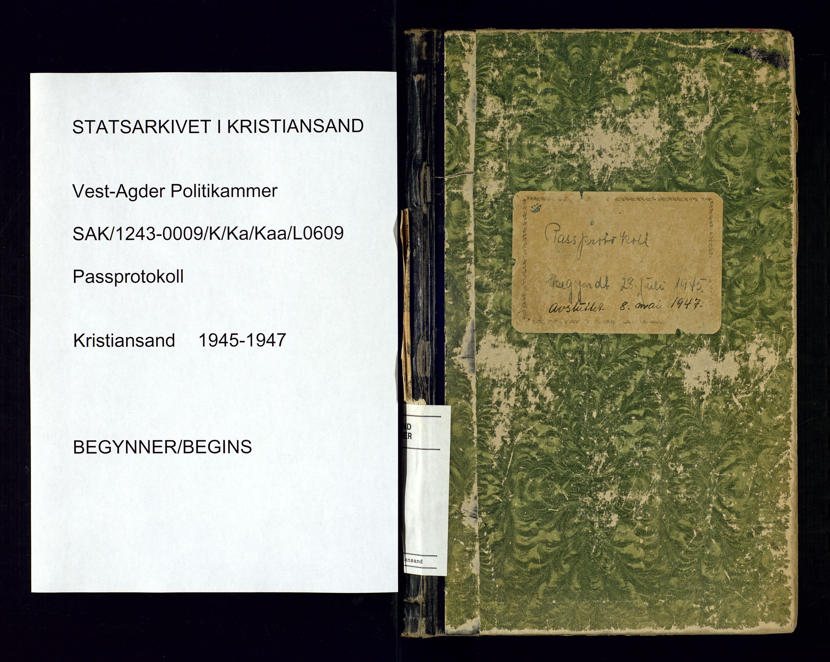 Kristiansand politikammer - 2, SAK/1243-0009/K/Ka/Kaa/L0609: Passprotokoll, liste med løpenumre, 1945-1947, s. 1