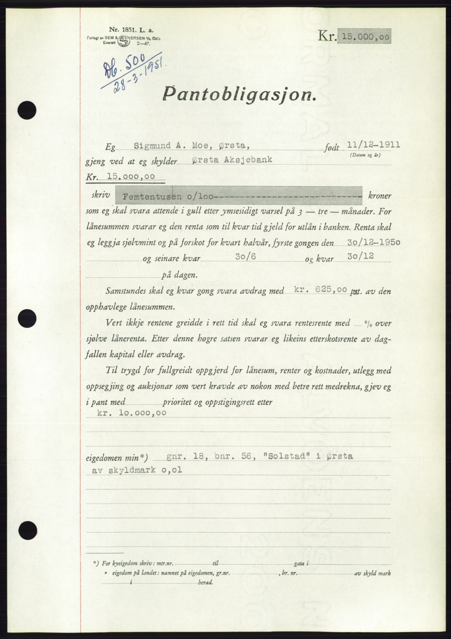 Søre Sunnmøre sorenskriveri, AV/SAT-A-4122/1/2/2C/L0119: Pantebok nr. 7B, 1950-1951, Dagboknr: 500/1951