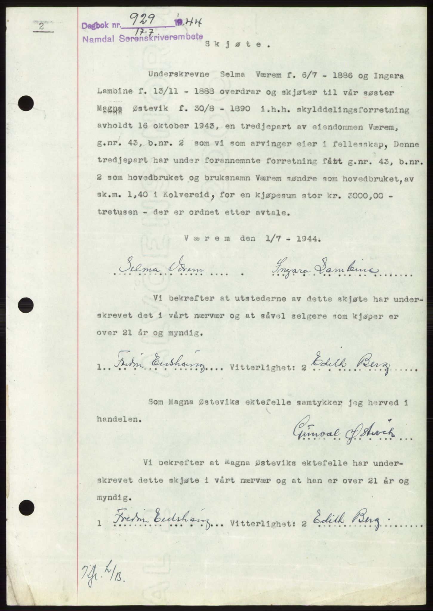 Namdal sorenskriveri, SAT/A-4133/1/2/2C: Pantebok nr. -, 1944-1945, Dagboknr: 929/1944