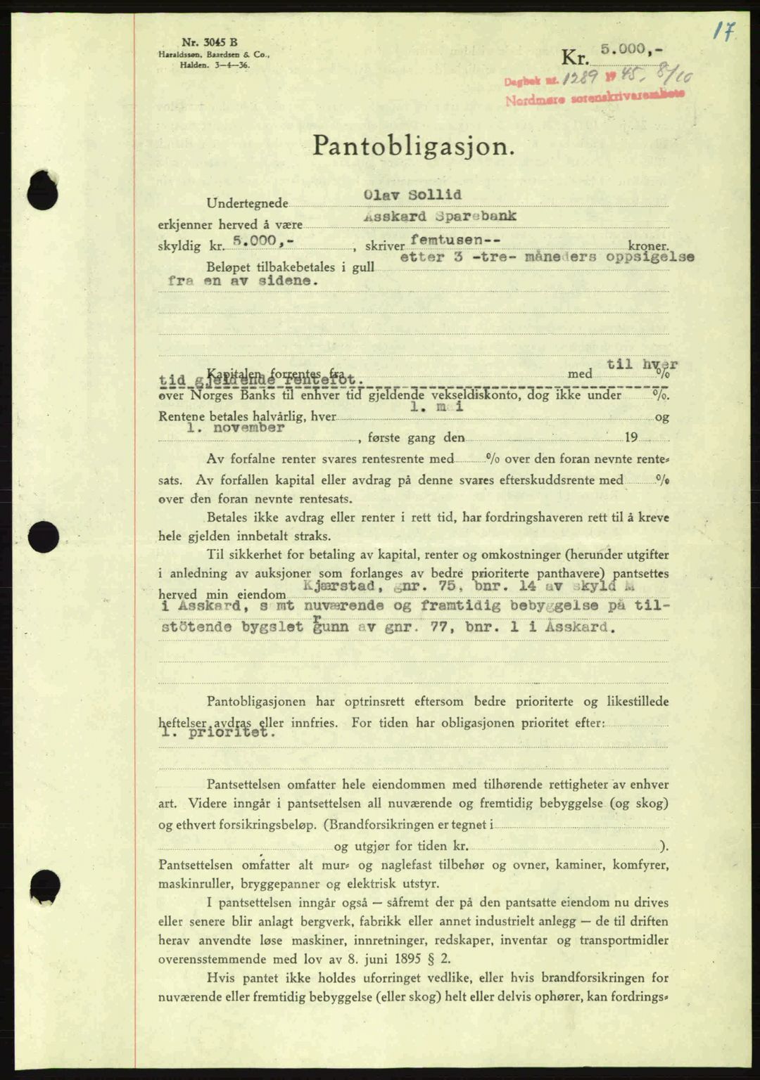 Nordmøre sorenskriveri, AV/SAT-A-4132/1/2/2Ca: Pantebok nr. B93a, 1945-1945, Dagboknr: 1289/1945