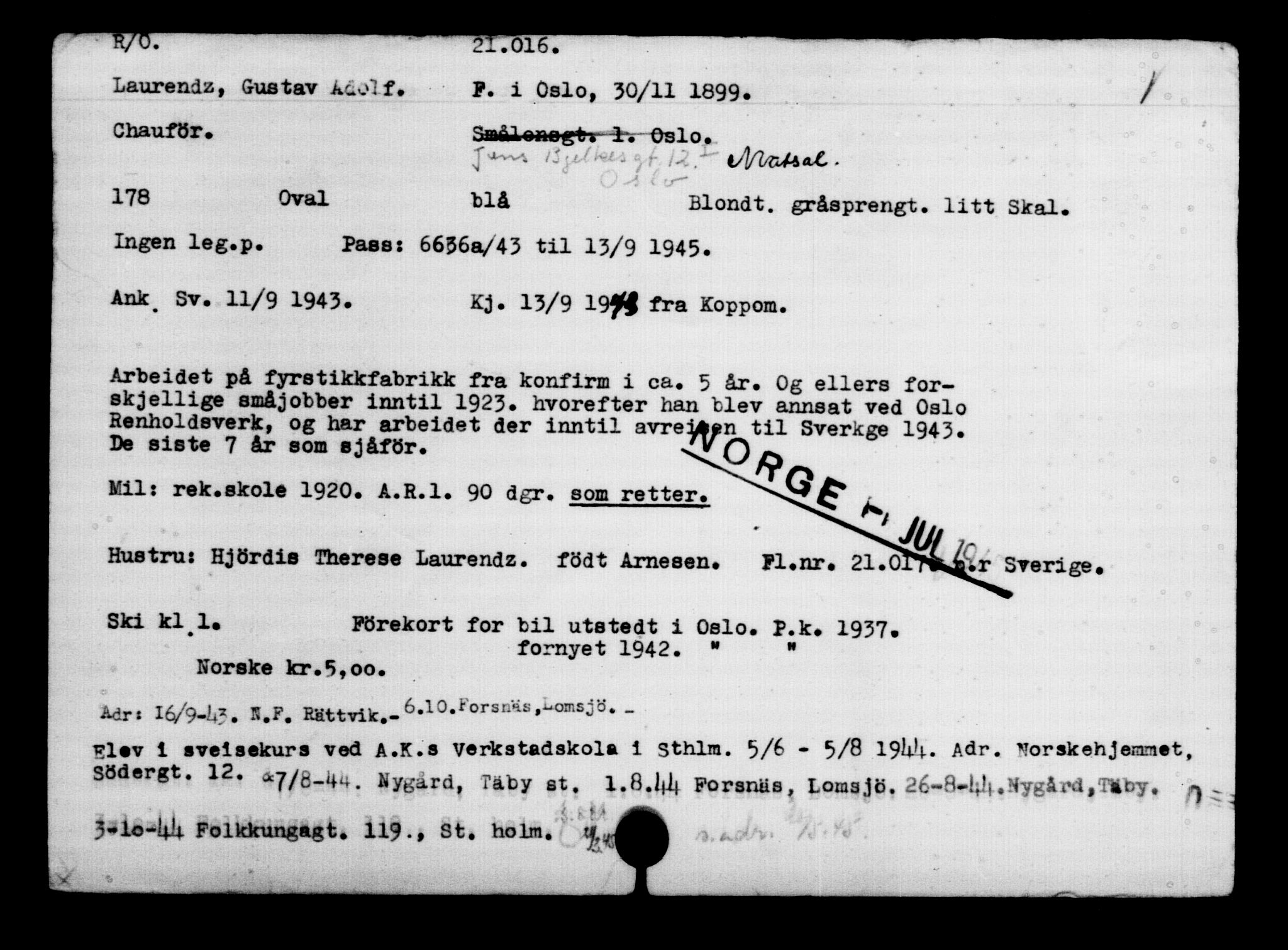 Utenriksstasjonene, Legasjonen i Stockholm, Flyktningkontoret, AV/RA-S-6753/V/Va/L0009: Kjesäterkartoteket, flyktninger med registreringsnr. 18502-22048, 1940-1945, s. 2007