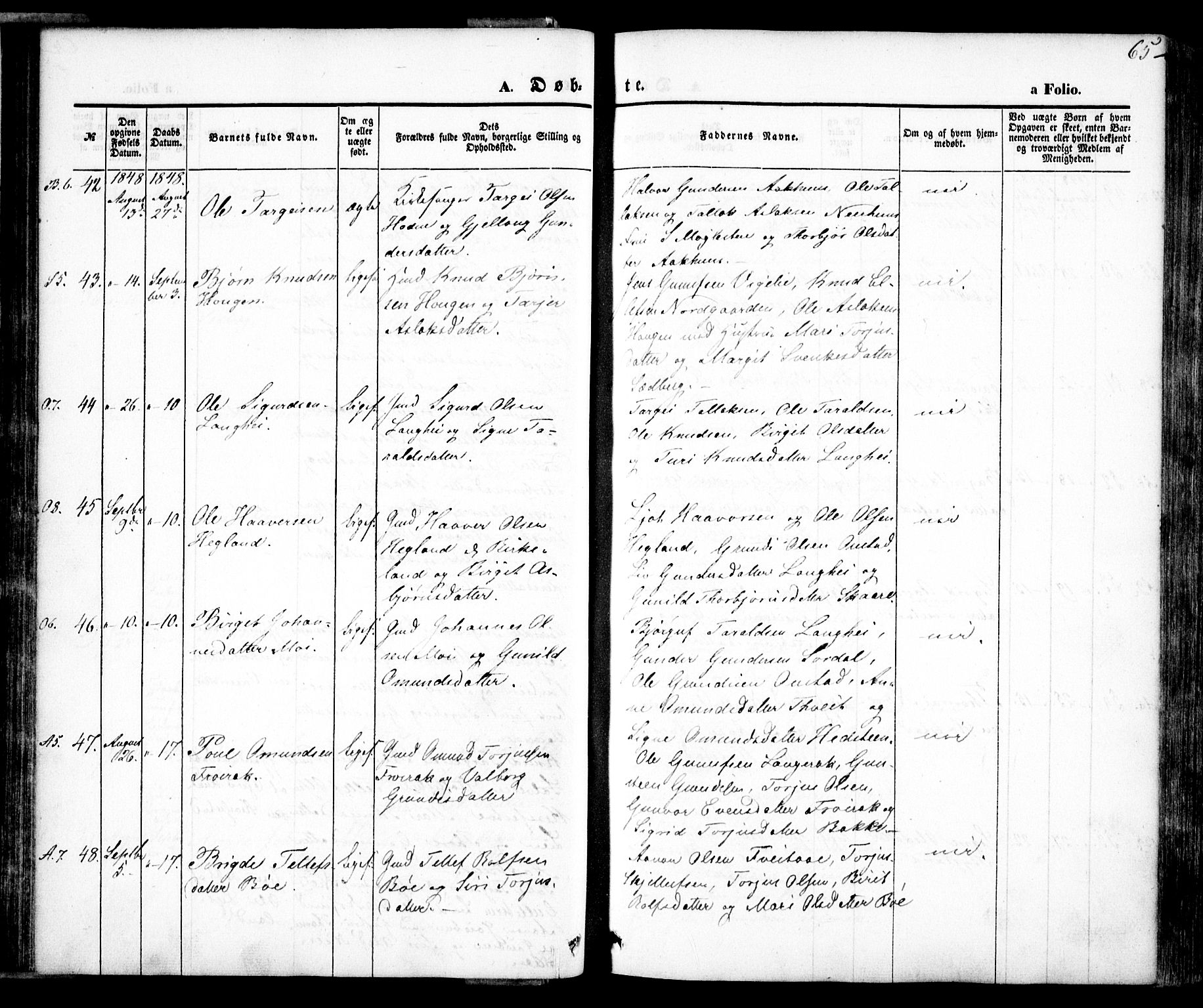 Bygland sokneprestkontor, AV/SAK-1111-0006/F/Fa/Fab/L0004: Ministerialbok nr. A 4, 1842-1858, s. 65