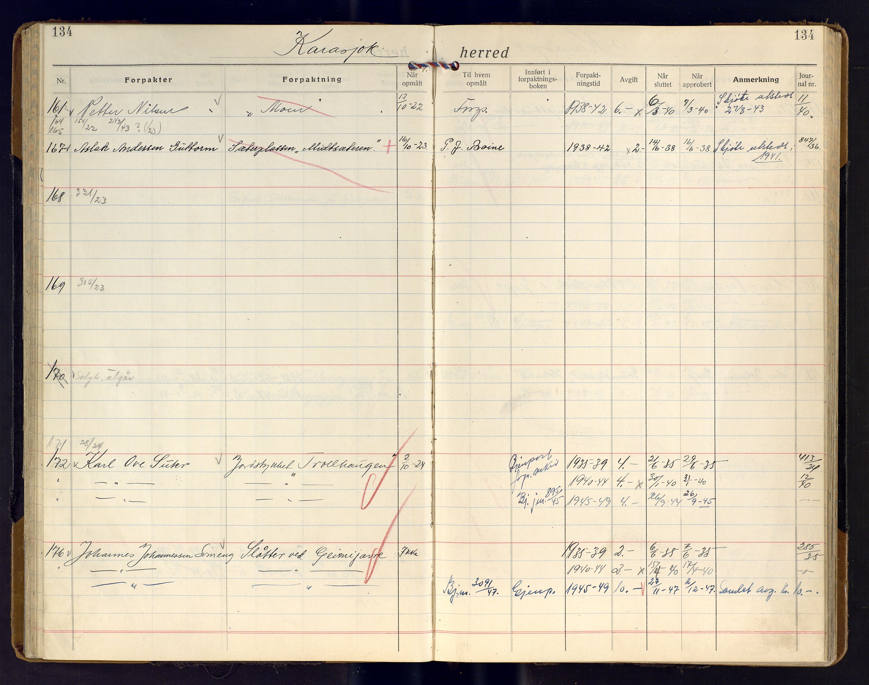 Finnmark jordsalgskommisjon/jordsalgskontor og Statskog SF Finnmark jordsalgskontor, AV/SATØ-S-1443/J/Ja/L0011: Forpaktningsbok for Finnmark II, 1921-1948, s. 134