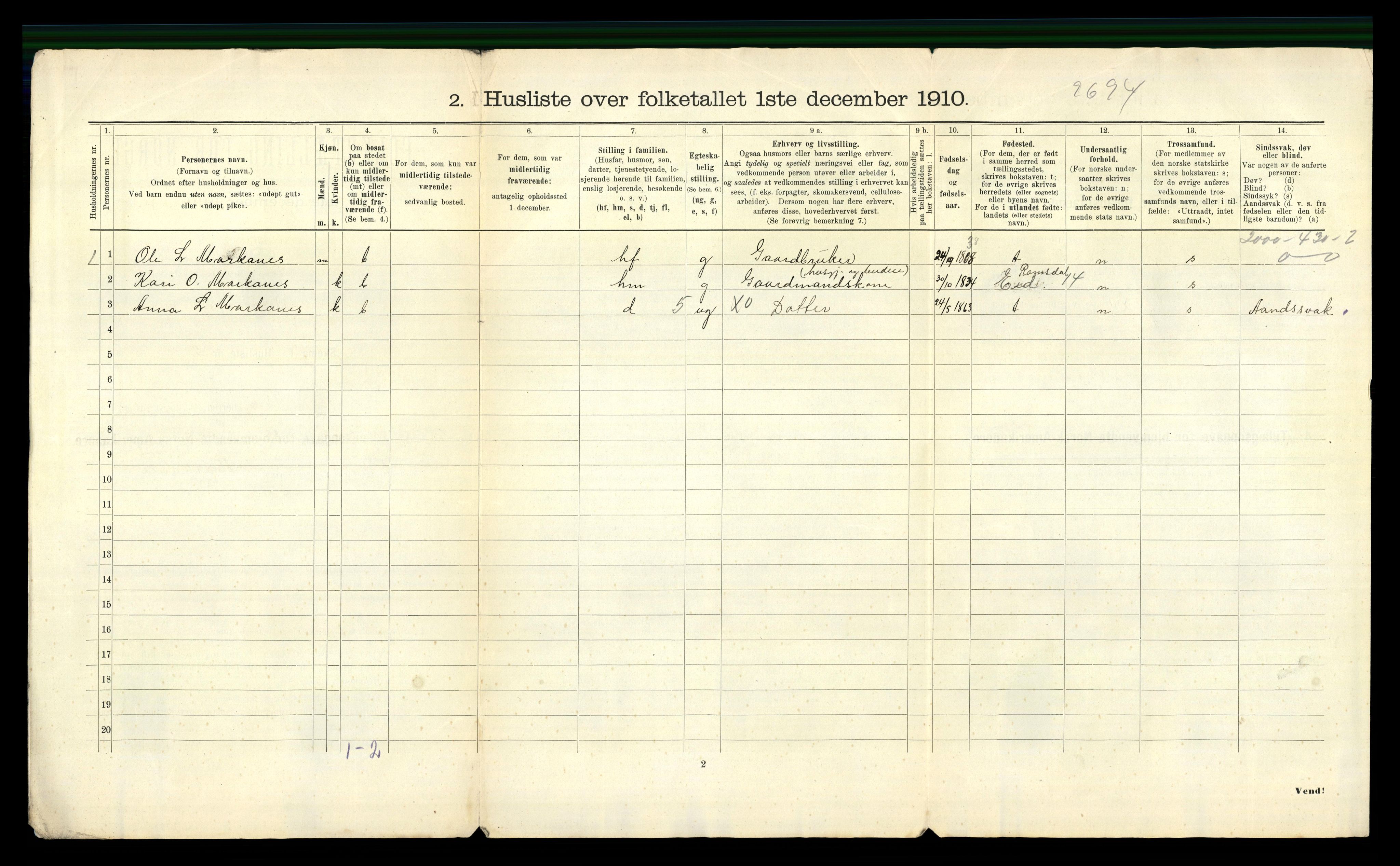 RA, Folketelling 1910 for 1540 Hen herred, 1910, s. 20