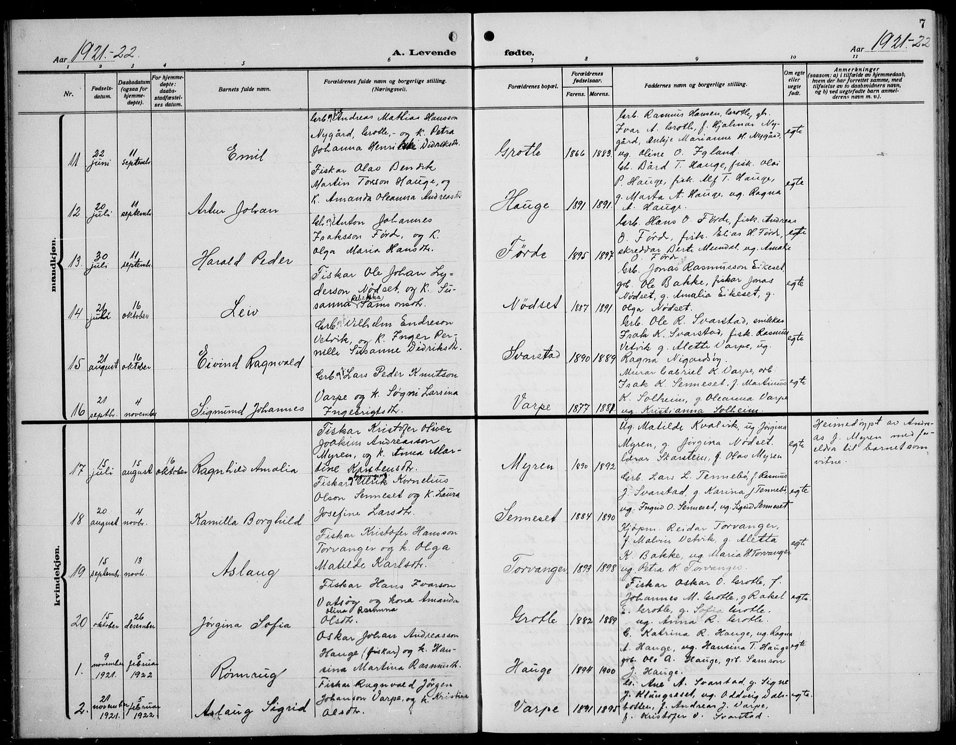 Bremanger sokneprestembete, AV/SAB-A-82201/H/Hab/Habc/L0002: Klokkerbok nr. C  2, 1920-1936, s. 7