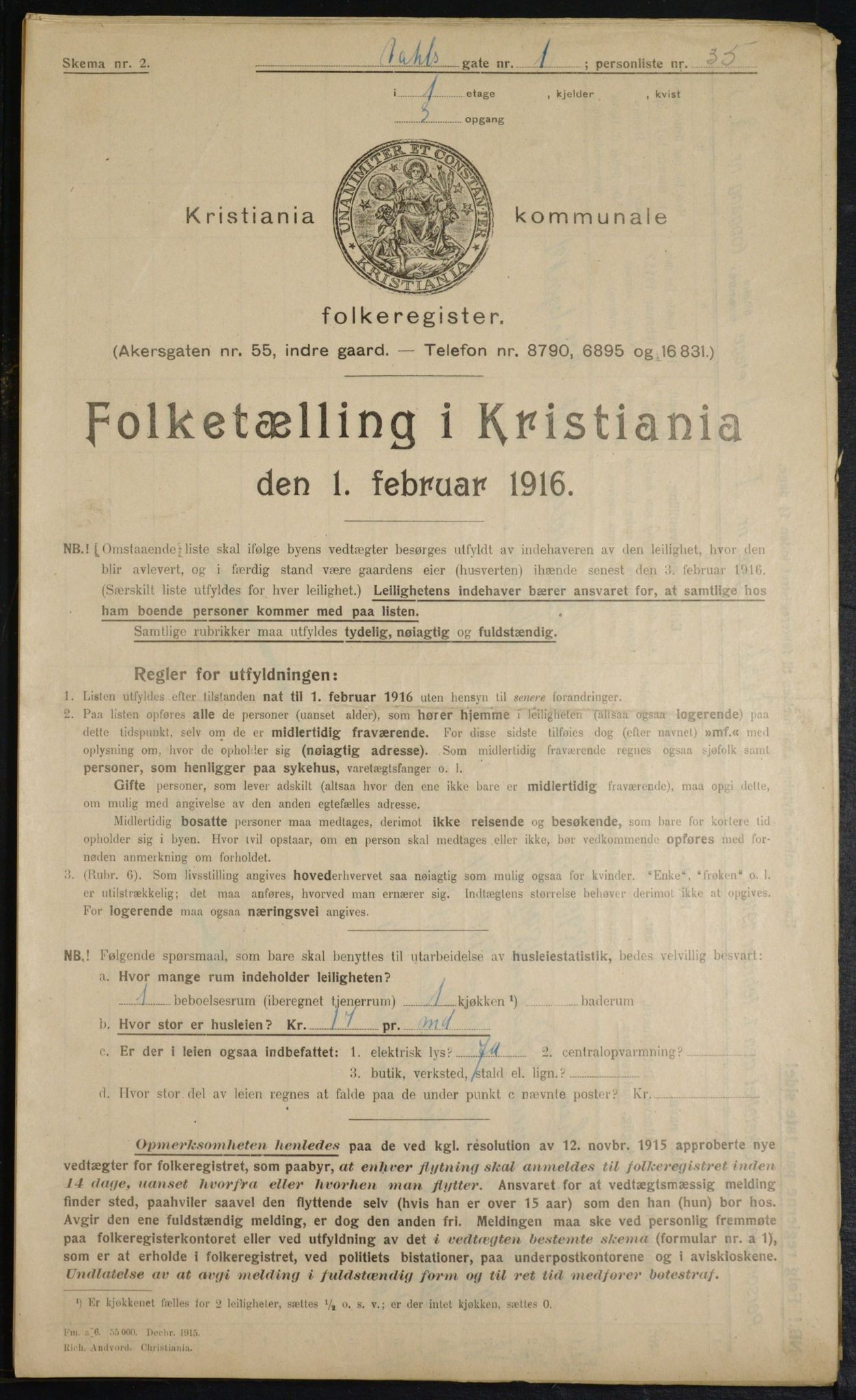 OBA, Kommunal folketelling 1.2.1916 for Kristiania, 1916, s. 125140