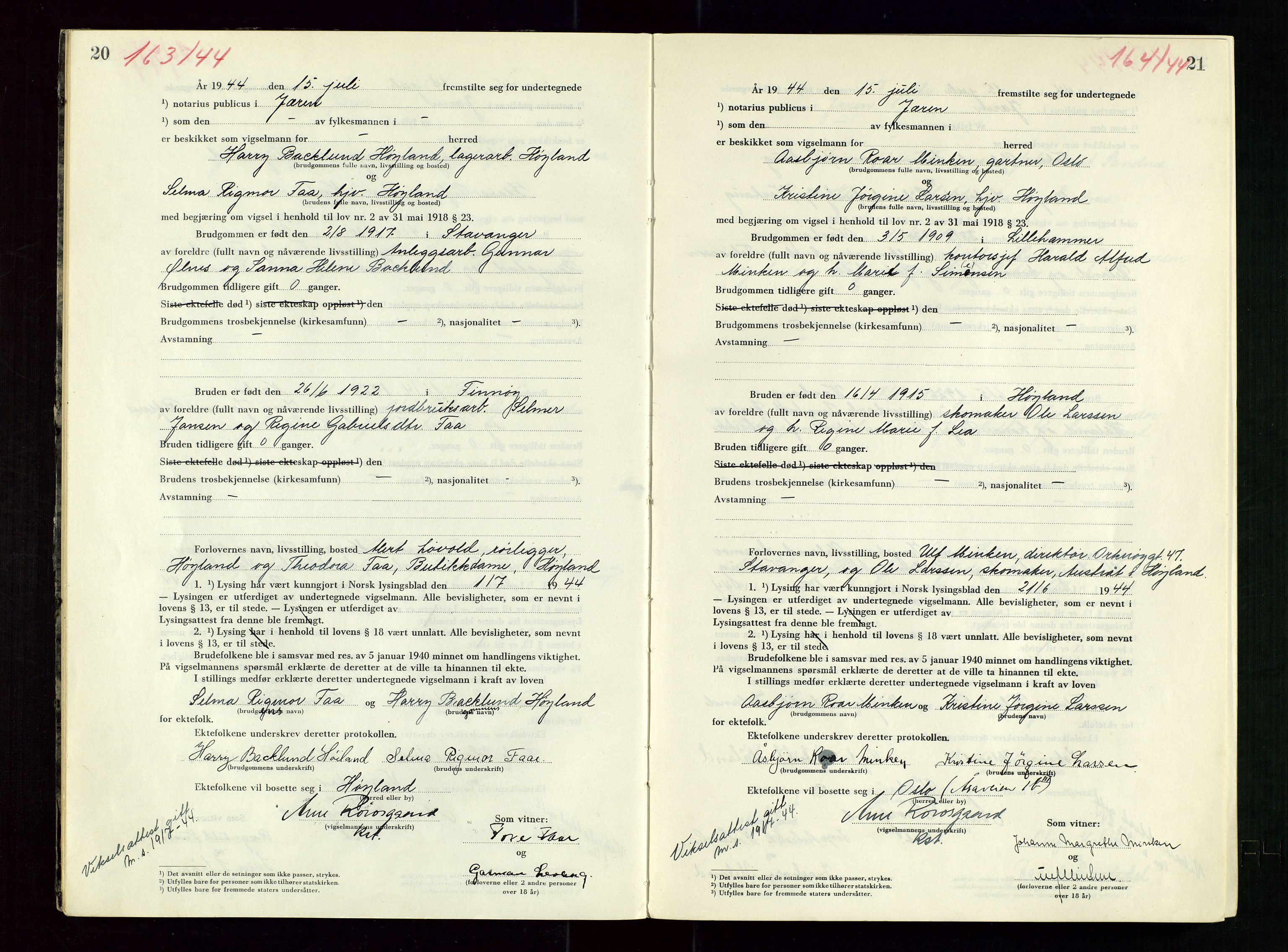 Jæren sorenskriveri, AV/SAST-A-100310/01/6/62/62BA/L0007: VIGSELSPROTOKOLL, 1944, s. 20-21