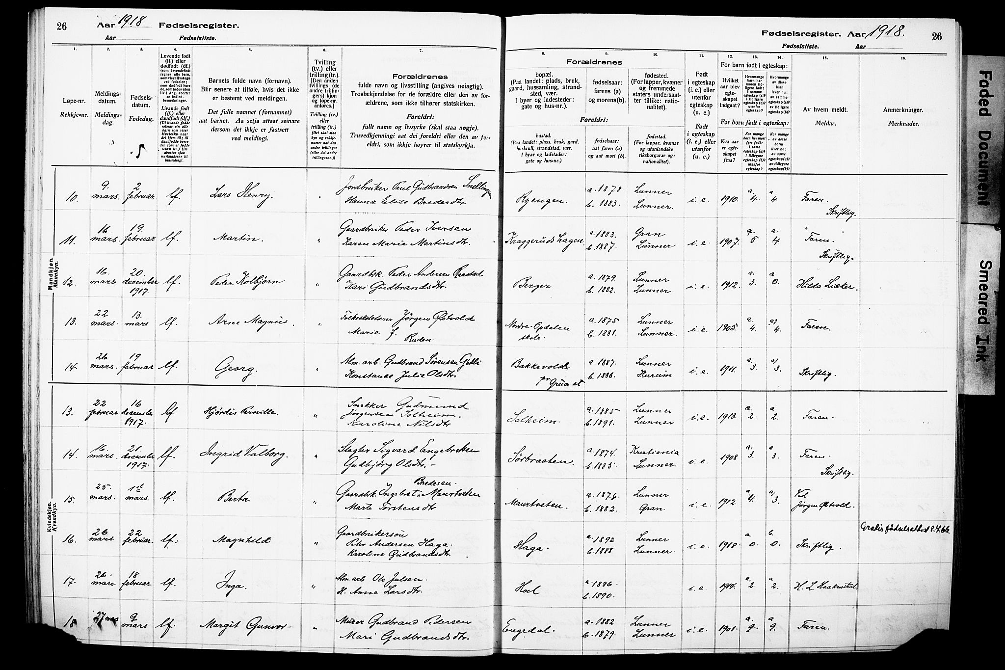 Lunner prestekontor, AV/SAH-PREST-118/I/Id/L0001: Fødselsregister nr. 1, 1916-1932, s. 26