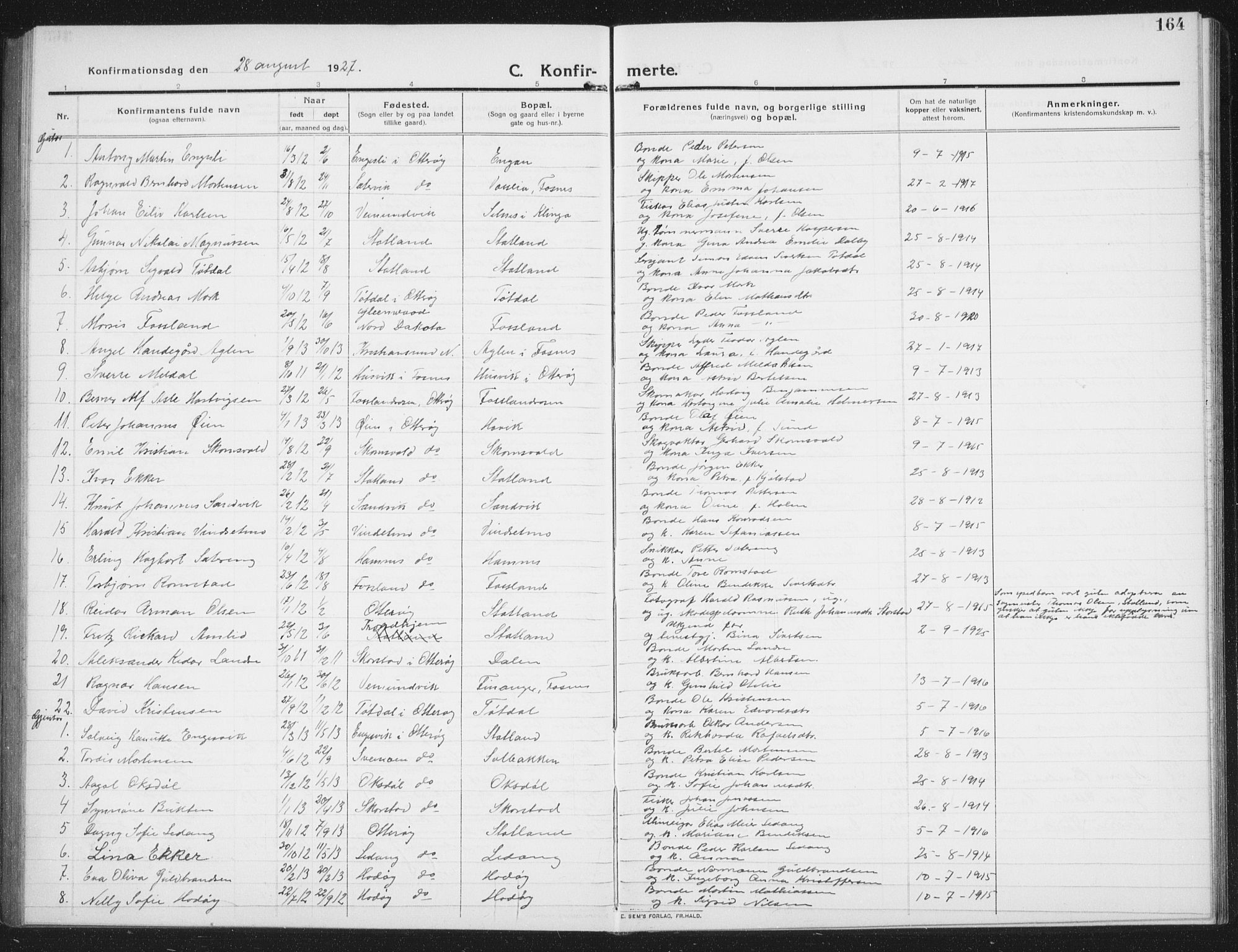 Ministerialprotokoller, klokkerbøker og fødselsregistre - Nord-Trøndelag, SAT/A-1458/774/L0630: Klokkerbok nr. 774C01, 1910-1934, s. 164
