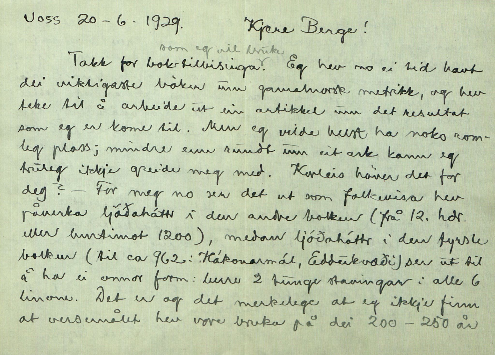 Rikard Berge, TEMU/TGM-A-1003/F/L0017/0016: 551-599 / 566 Notisbokblad og brev til Rikard Berge, 1910-1950