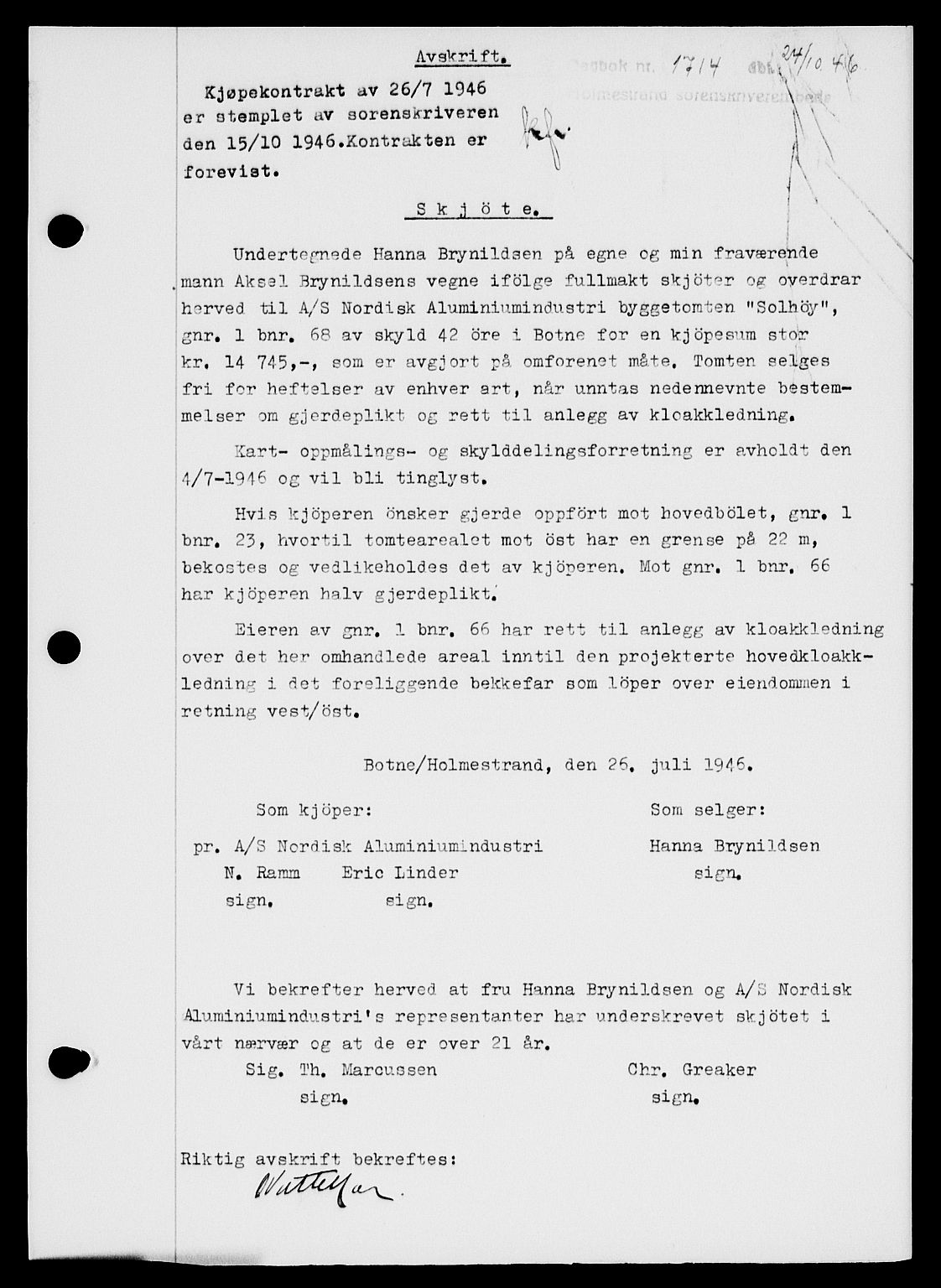 Holmestrand sorenskriveri, SAKO/A-67/G/Ga/Gaa/L0061: Pantebok nr. A-61, 1946-1947, Dagboknr: 1714/1946