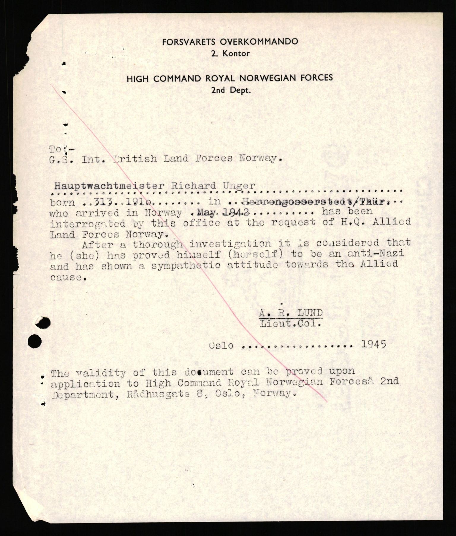 Forsvaret, Forsvarets overkommando II, AV/RA-RAFA-3915/D/Db/L0034: CI Questionaires. Tyske okkupasjonsstyrker i Norge. Tyskere., 1945-1946, s. 208