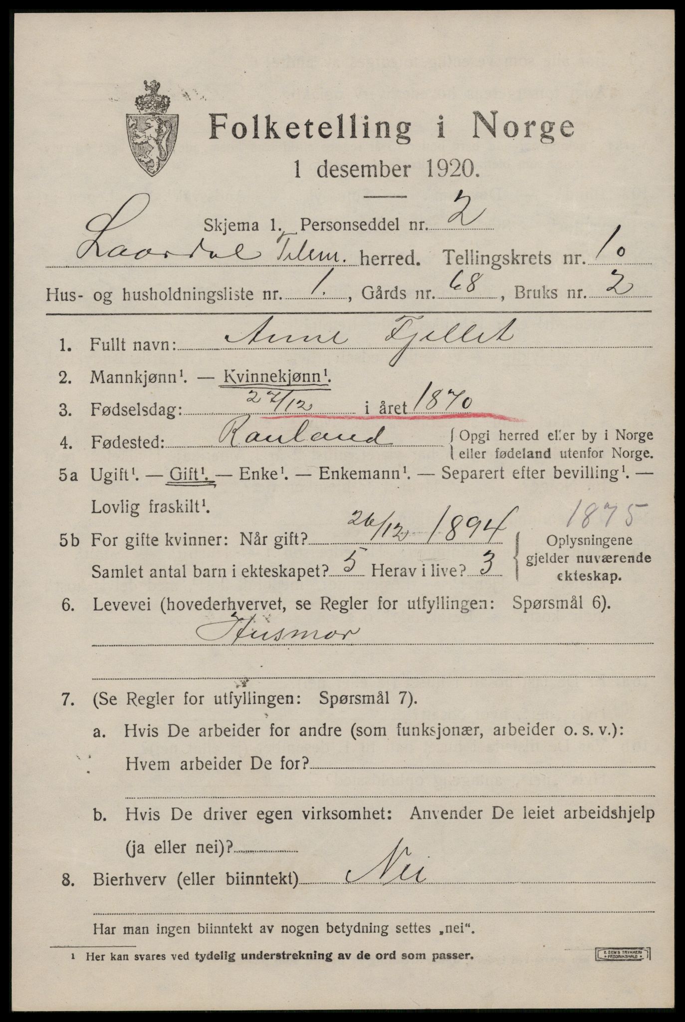 SAKO, Folketelling 1920 for 0833 Lårdal herred, 1920, s. 3317