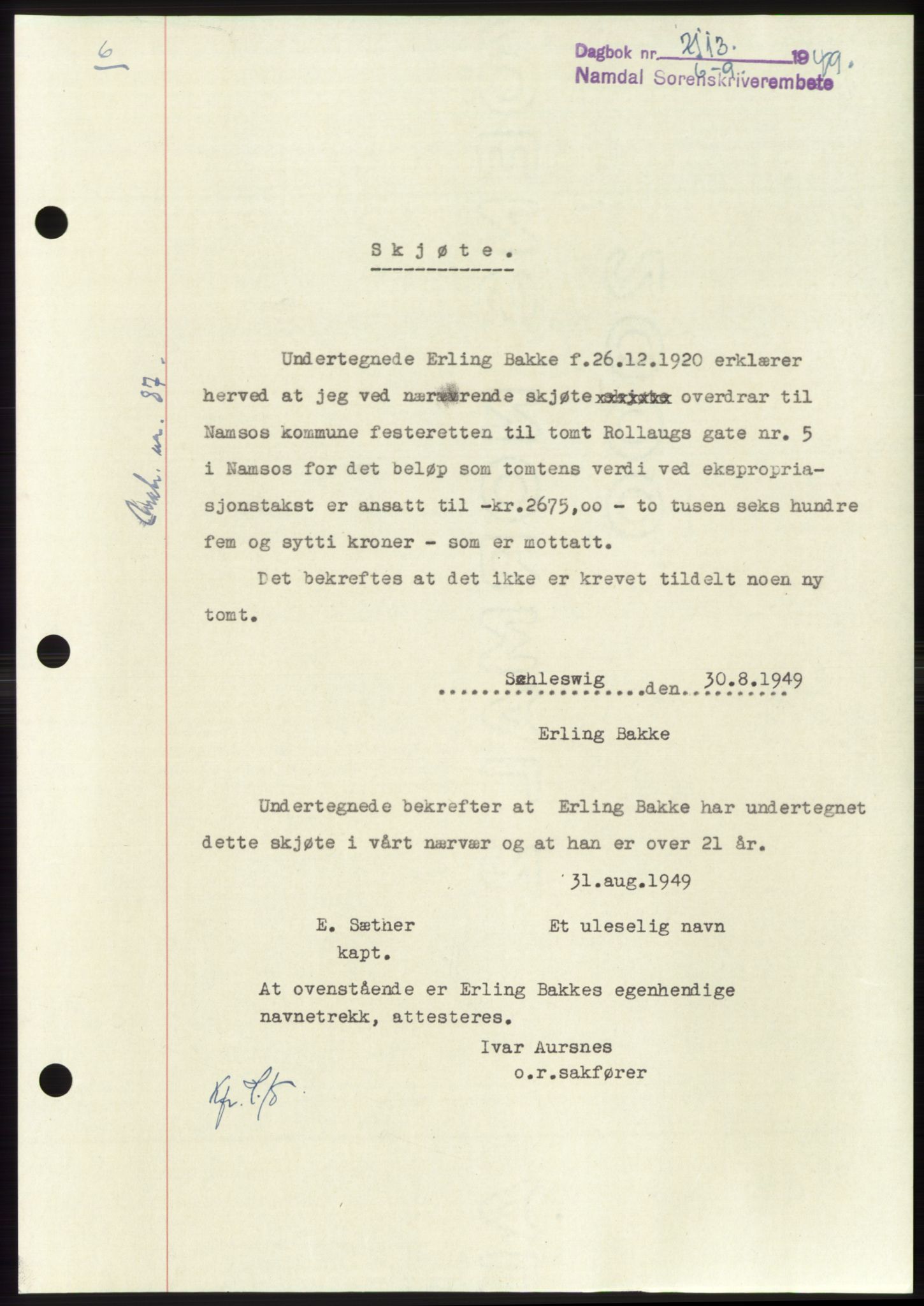 Namdal sorenskriveri, SAT/A-4133/1/2/2C: Pantebok nr. -, 1949-1949, Dagboknr: 2113/1949