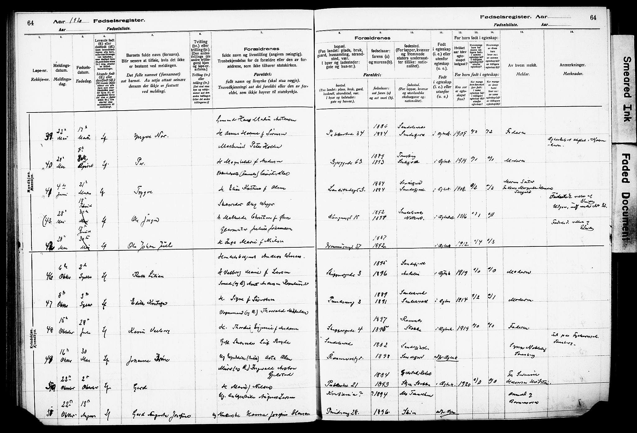 Sandefjord kirkebøker, AV/SAKO-A-315/J/Ja/L0001: Fødselsregister nr. 1, 1916-1932, s. 64