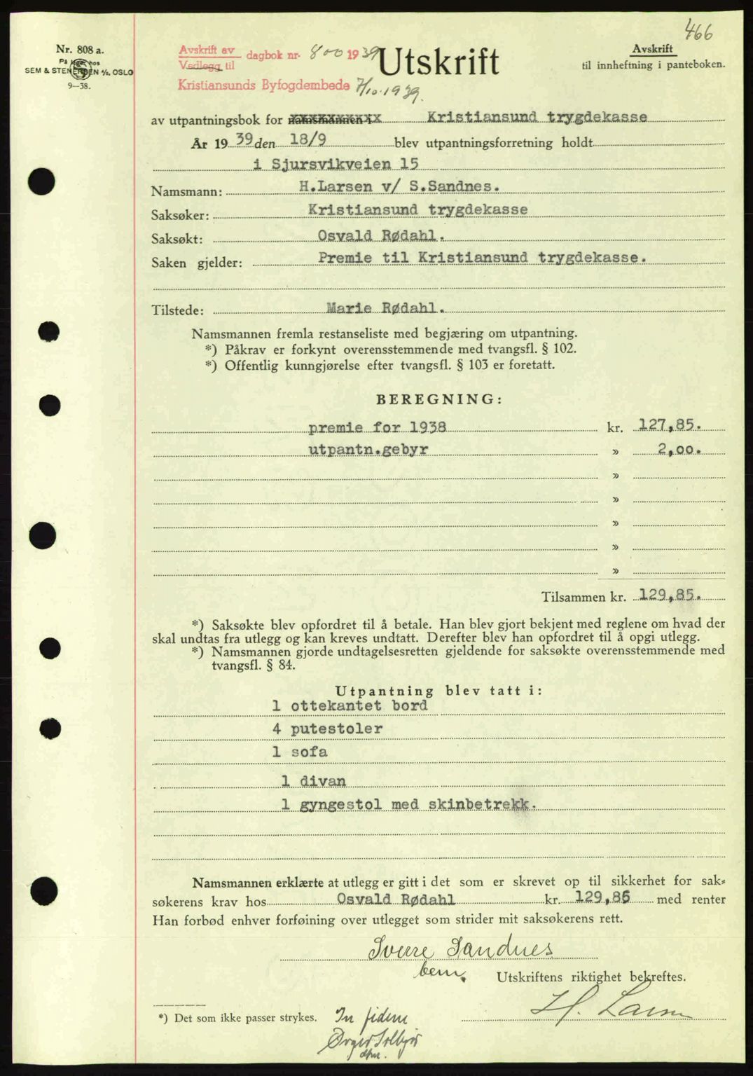 Kristiansund byfogd, AV/SAT-A-4587/A/27: Pantebok nr. 31, 1938-1939, Dagboknr: 800/1939