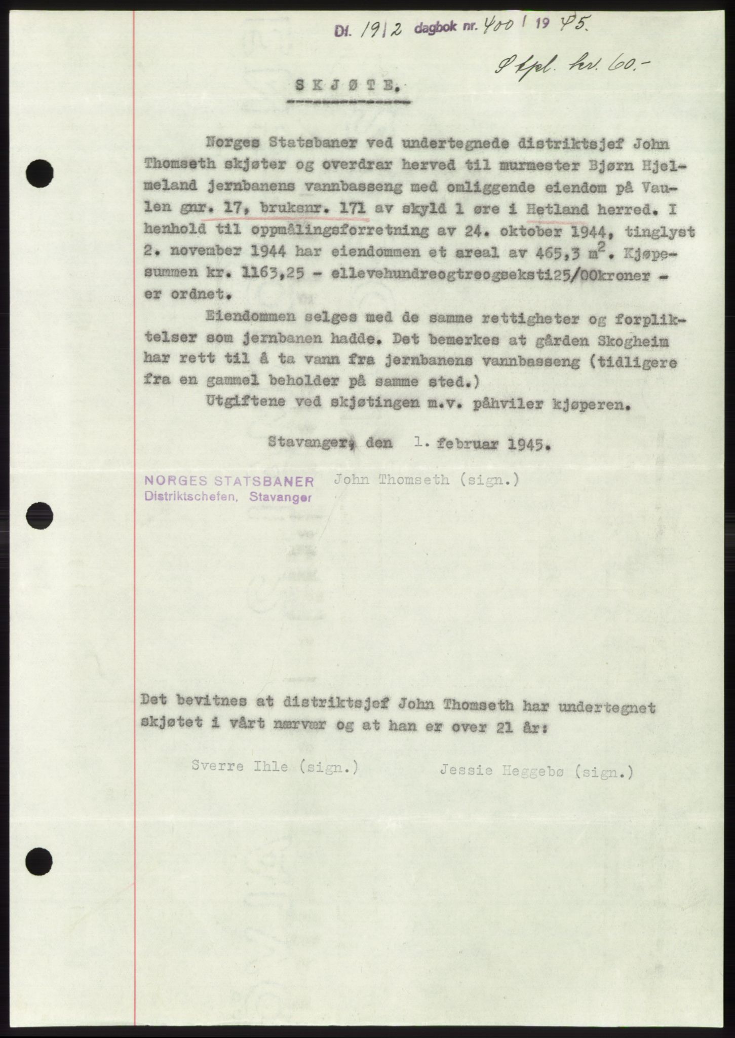 Jæren sorenskriveri, SAST/A-100310/03/G/Gba/L0087: Pantebok, 1944-1945, Dagboknr: 400/1945