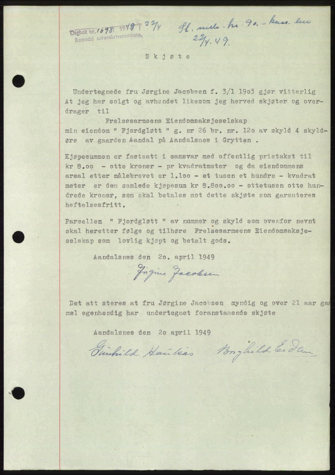 Romsdal sorenskriveri, SAT/A-4149/1/2/2C: Pantebok nr. A29, 1949-1949, Dagboknr: 1098/1949