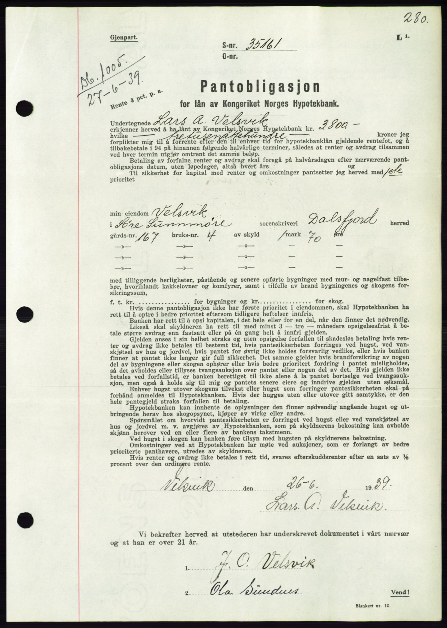 Søre Sunnmøre sorenskriveri, AV/SAT-A-4122/1/2/2C/L0068: Pantebok nr. 62, 1939-1939, Dagboknr: 1005/1939